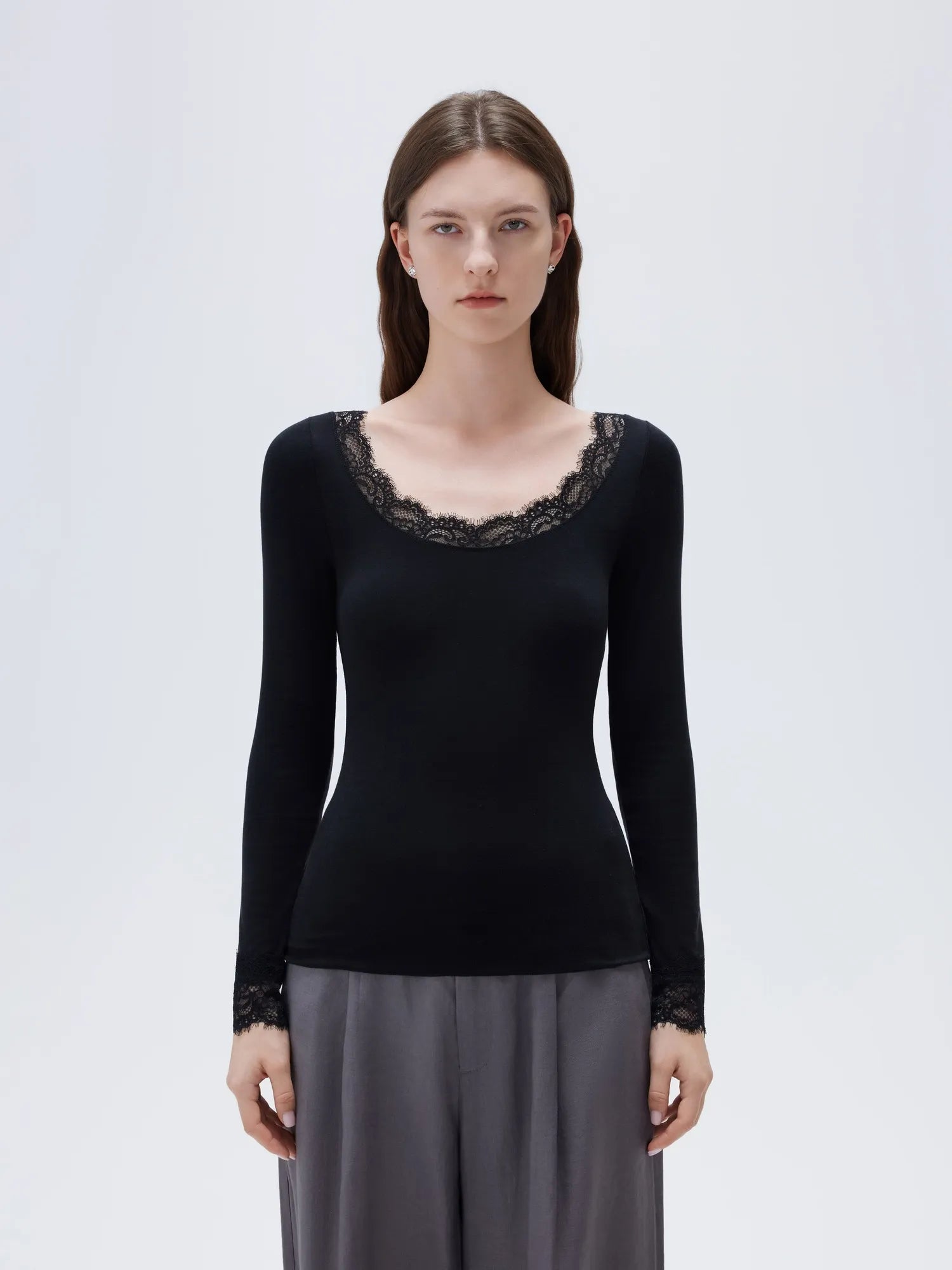 Cloud Cashmere Lace Scoop Neck Shirt - Long Sleeve