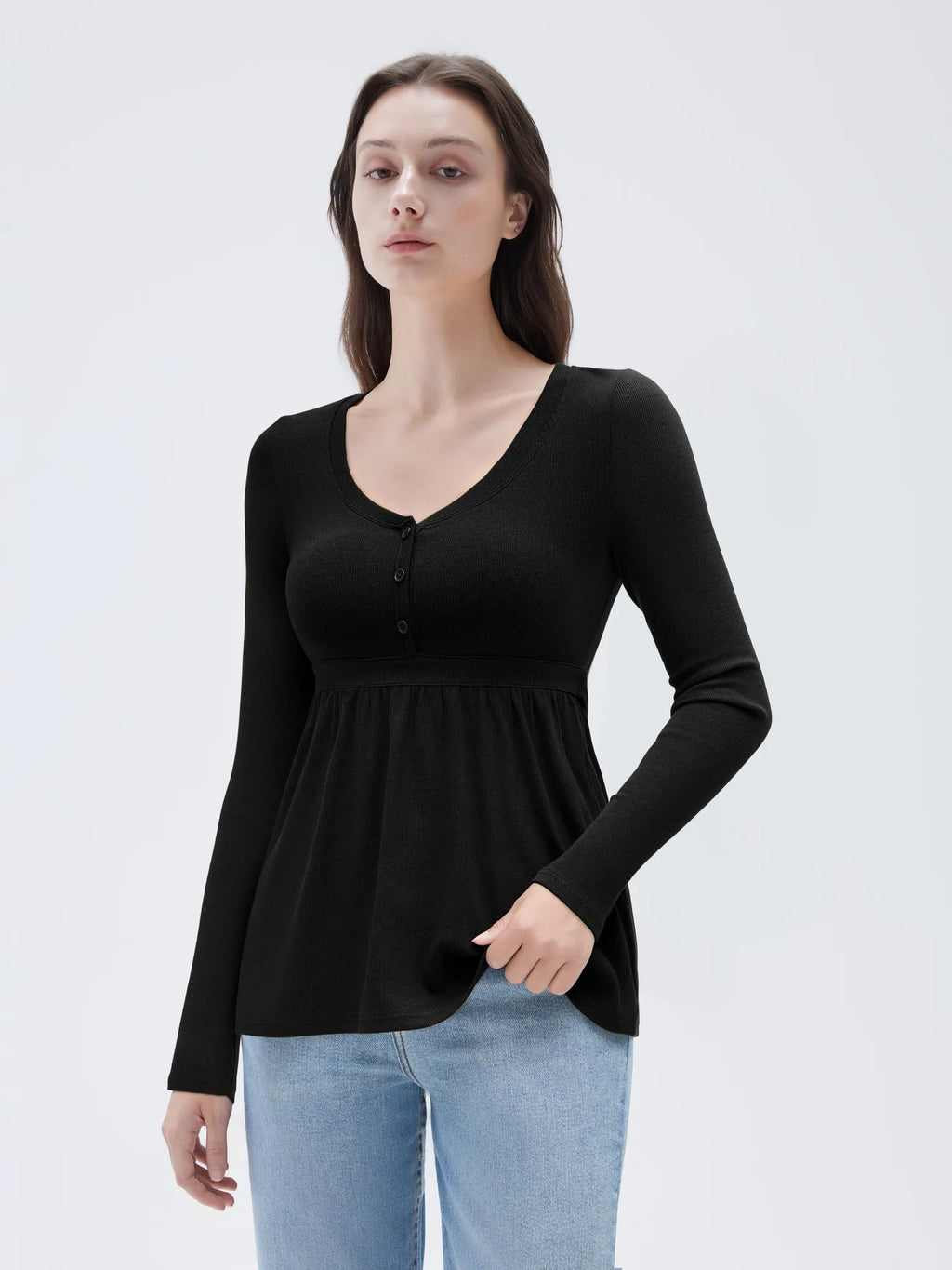 Ribbed Peplum Tunic Shirt - Long Sleeve