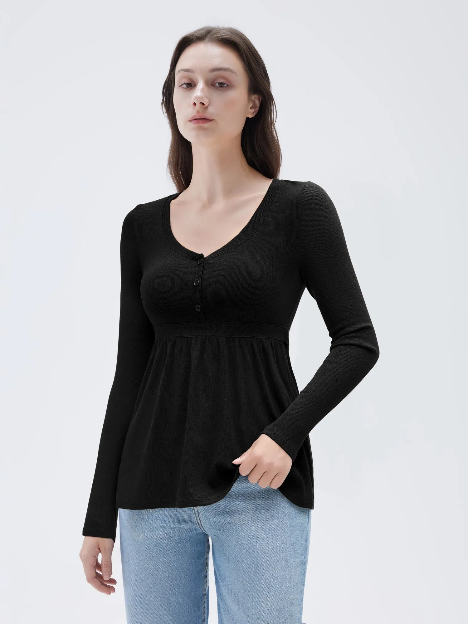 Ribbed Peplum Tunic Shirt - Long Sleeve
