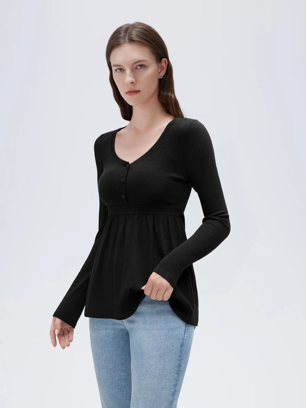 Ribbed Peplum Tunic Shirt - Long Sleeve
