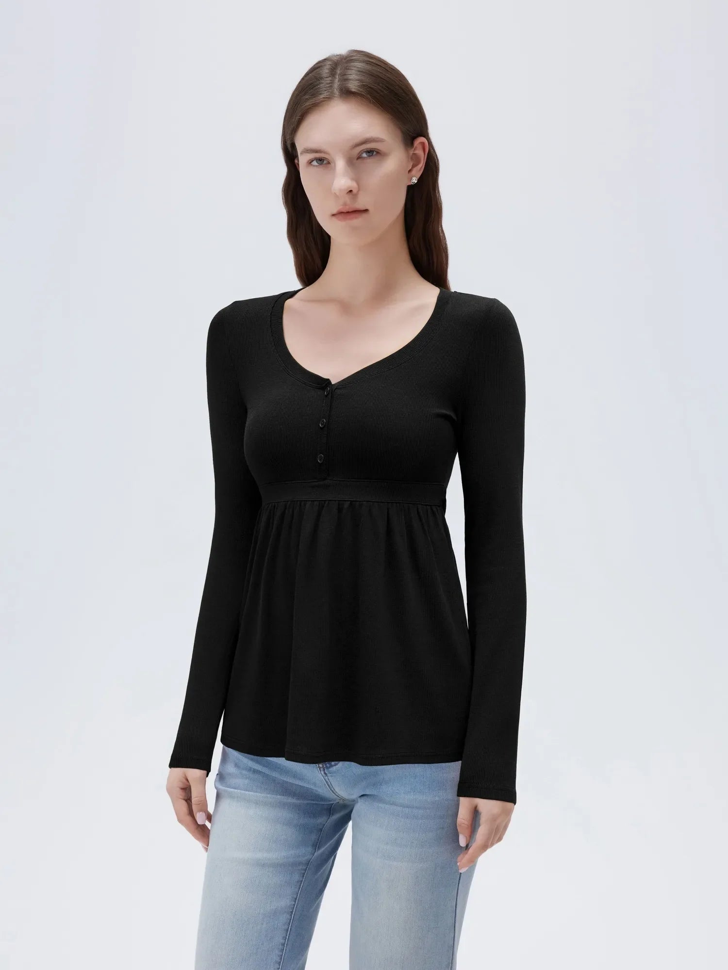 Ribbed Peplum Tunic Shirt - Long Sleeve