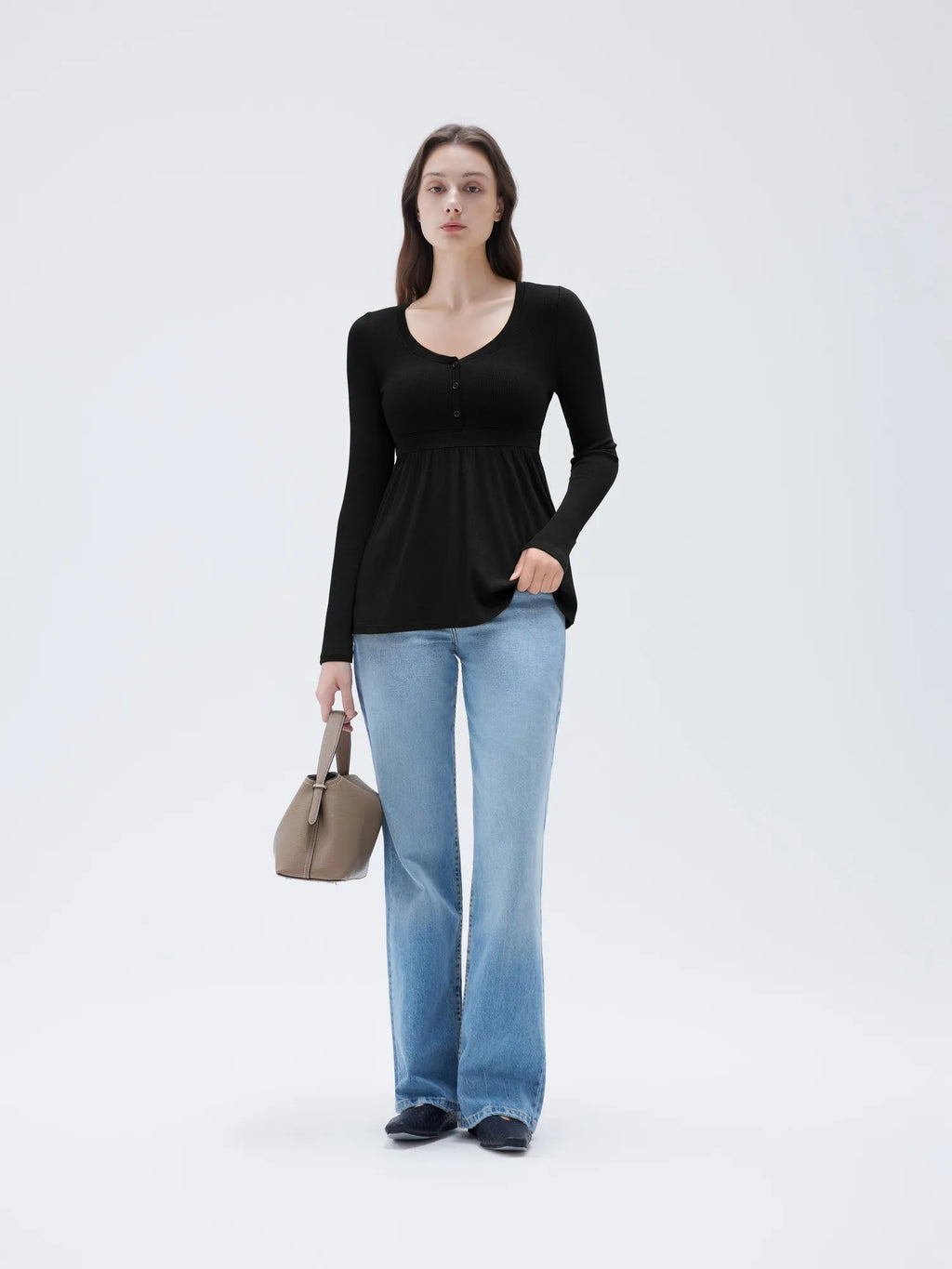 Ribbed Peplum Tunic Shirt - Long Sleeve