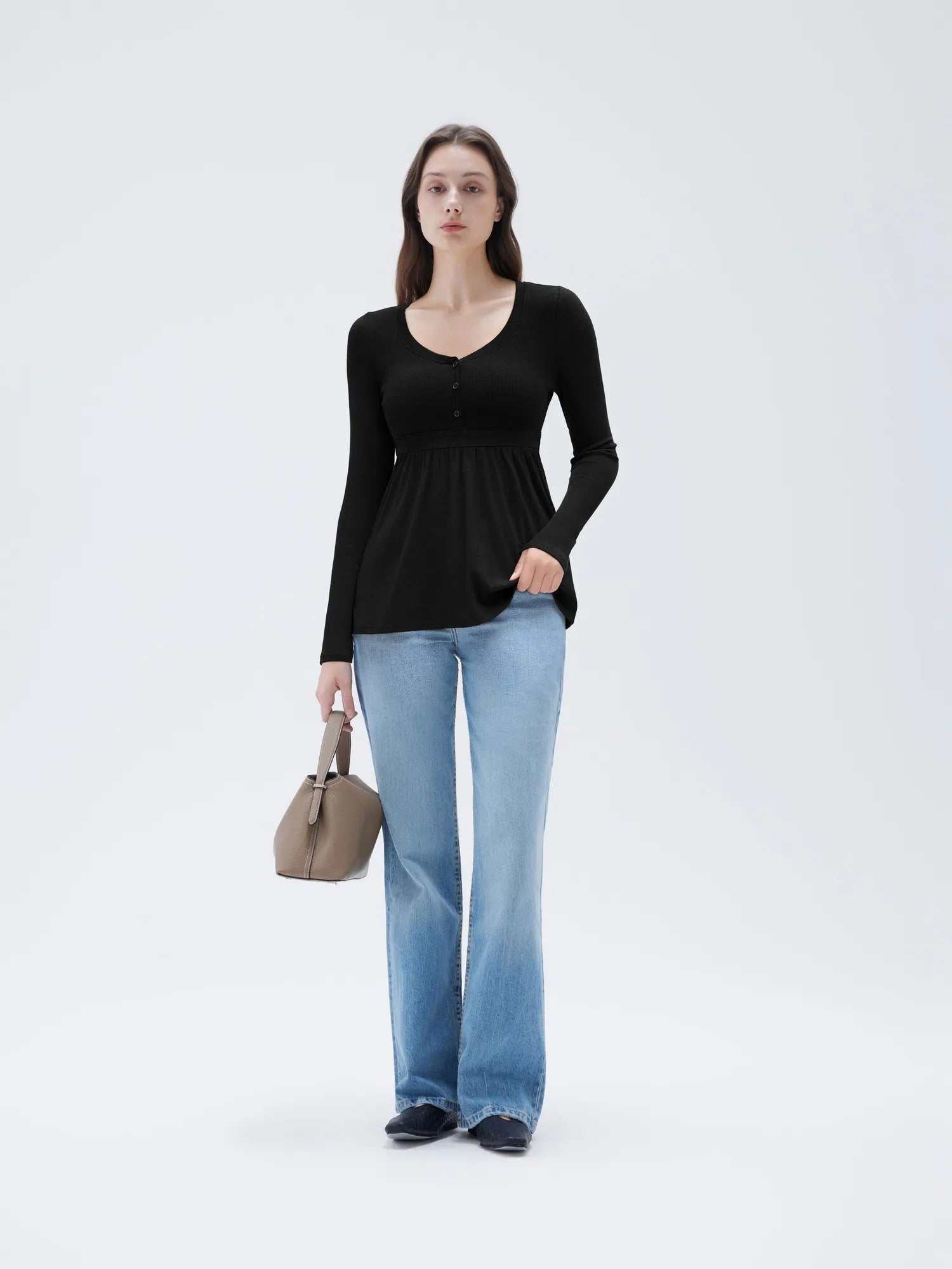 Ribbed Peplum Tunic Shirt - Long Sleeve