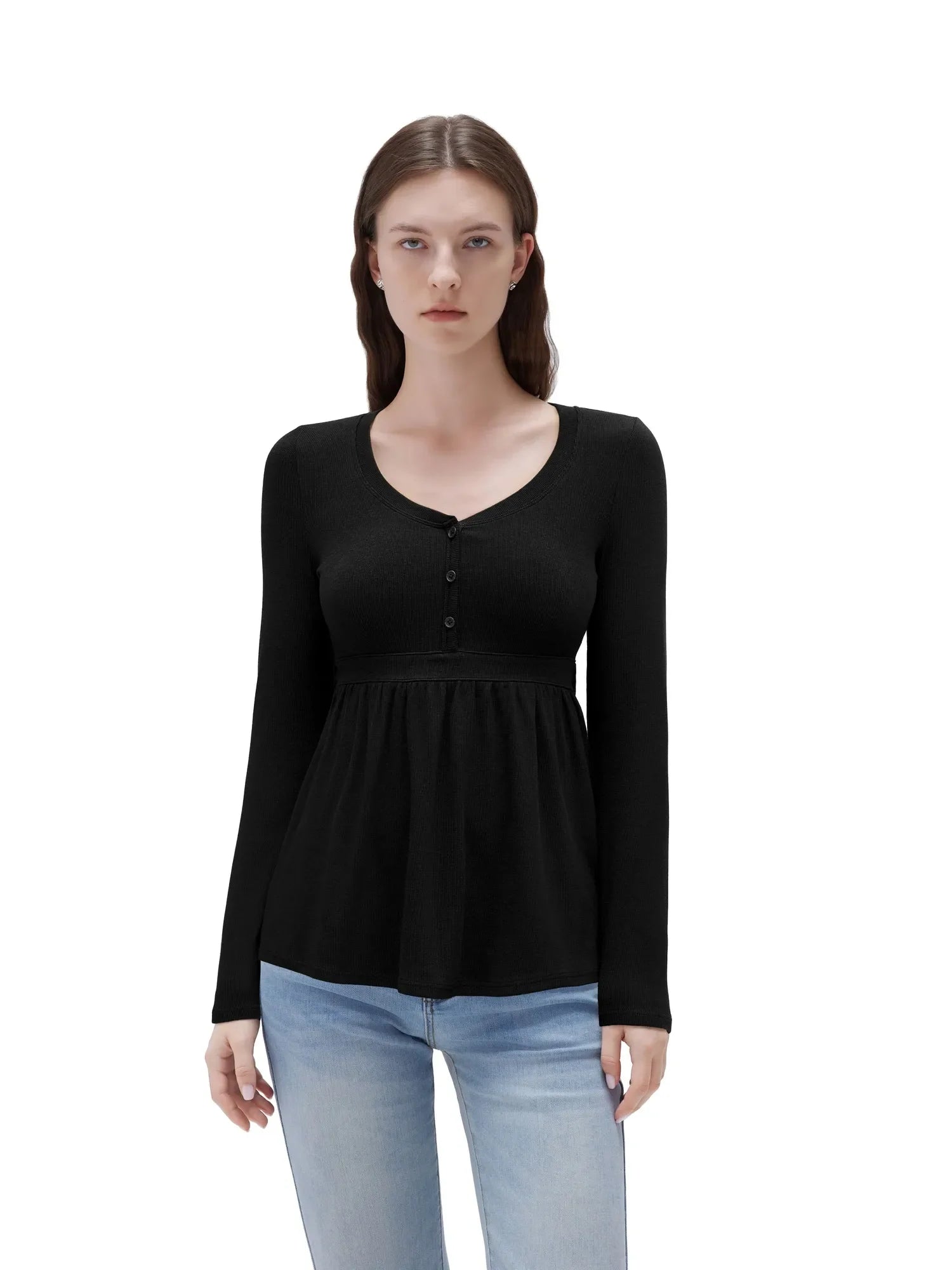 Ribbed Peplum Tunic Shirt - Long Sleeve