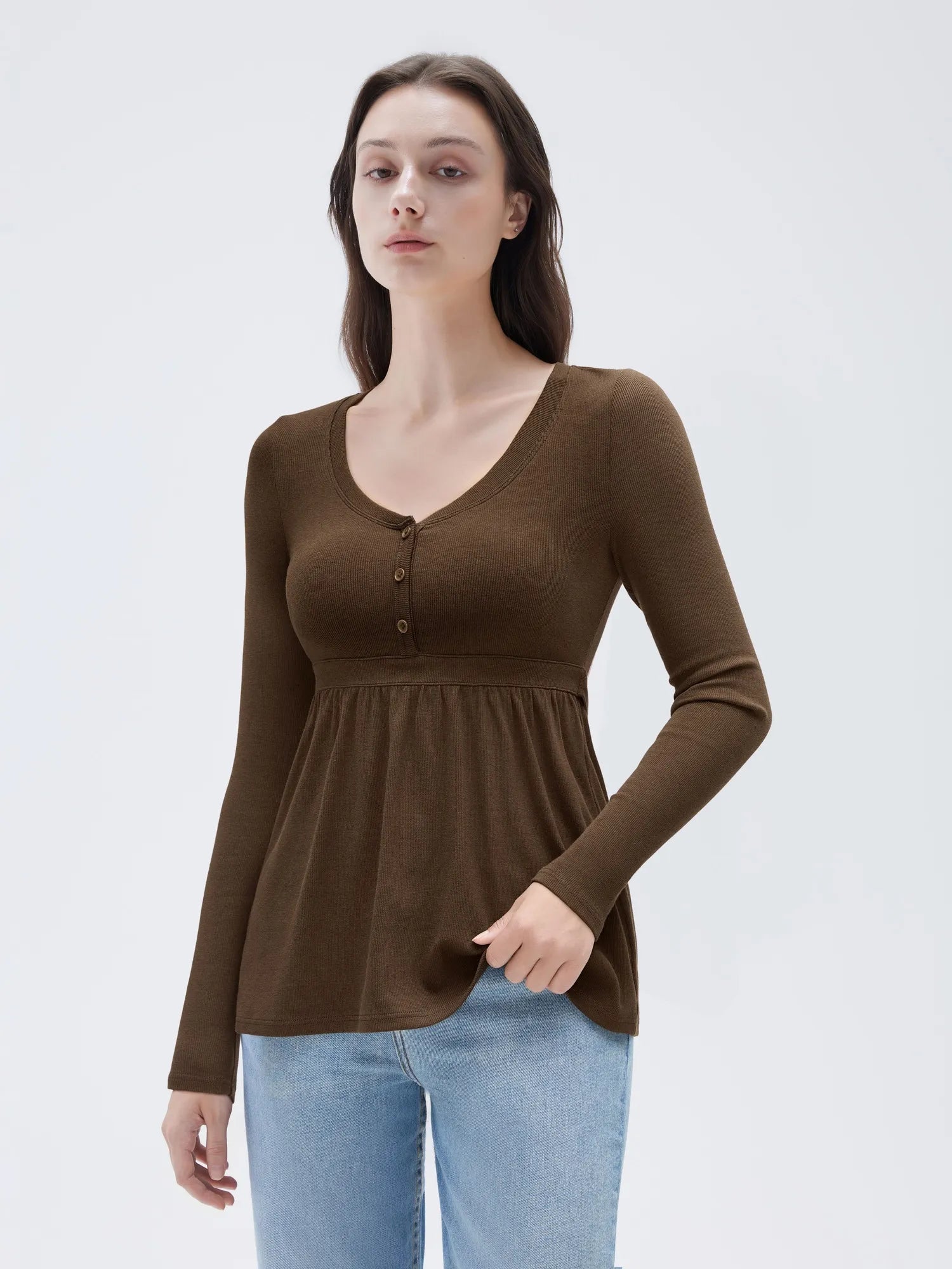 Ribbed Peplum Tunic Shirt - Long Sleeve
