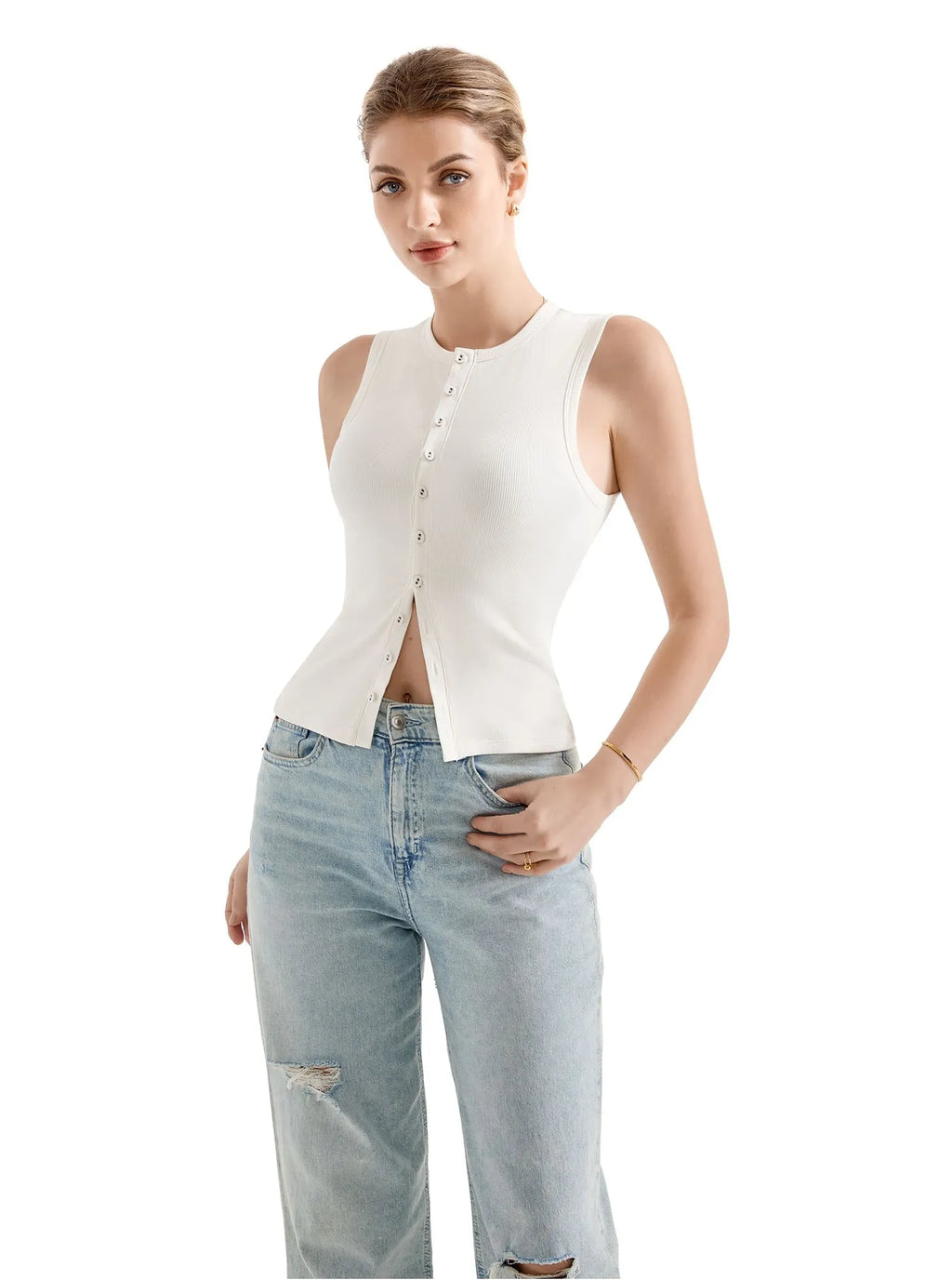 Cotton Ribbed Button Tank Top