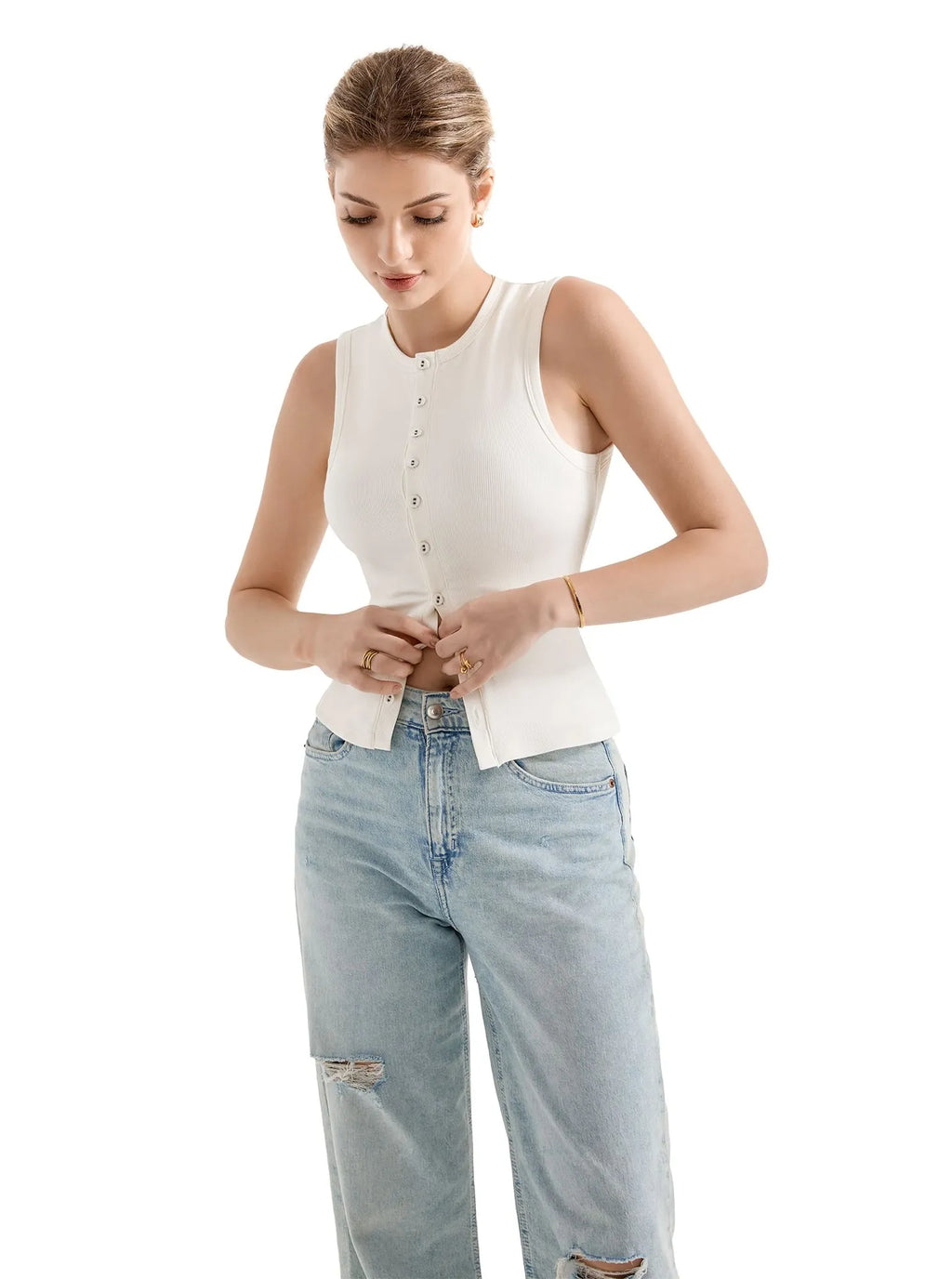 Cotton Ribbed Button Tank Top