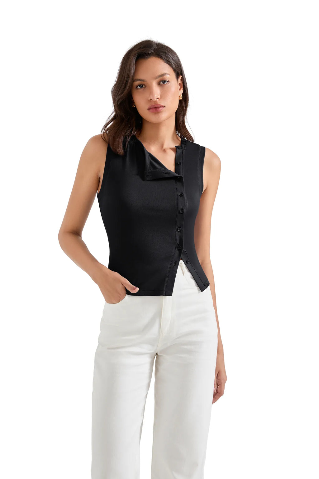 Sleeveless Off-Center Button Shirt