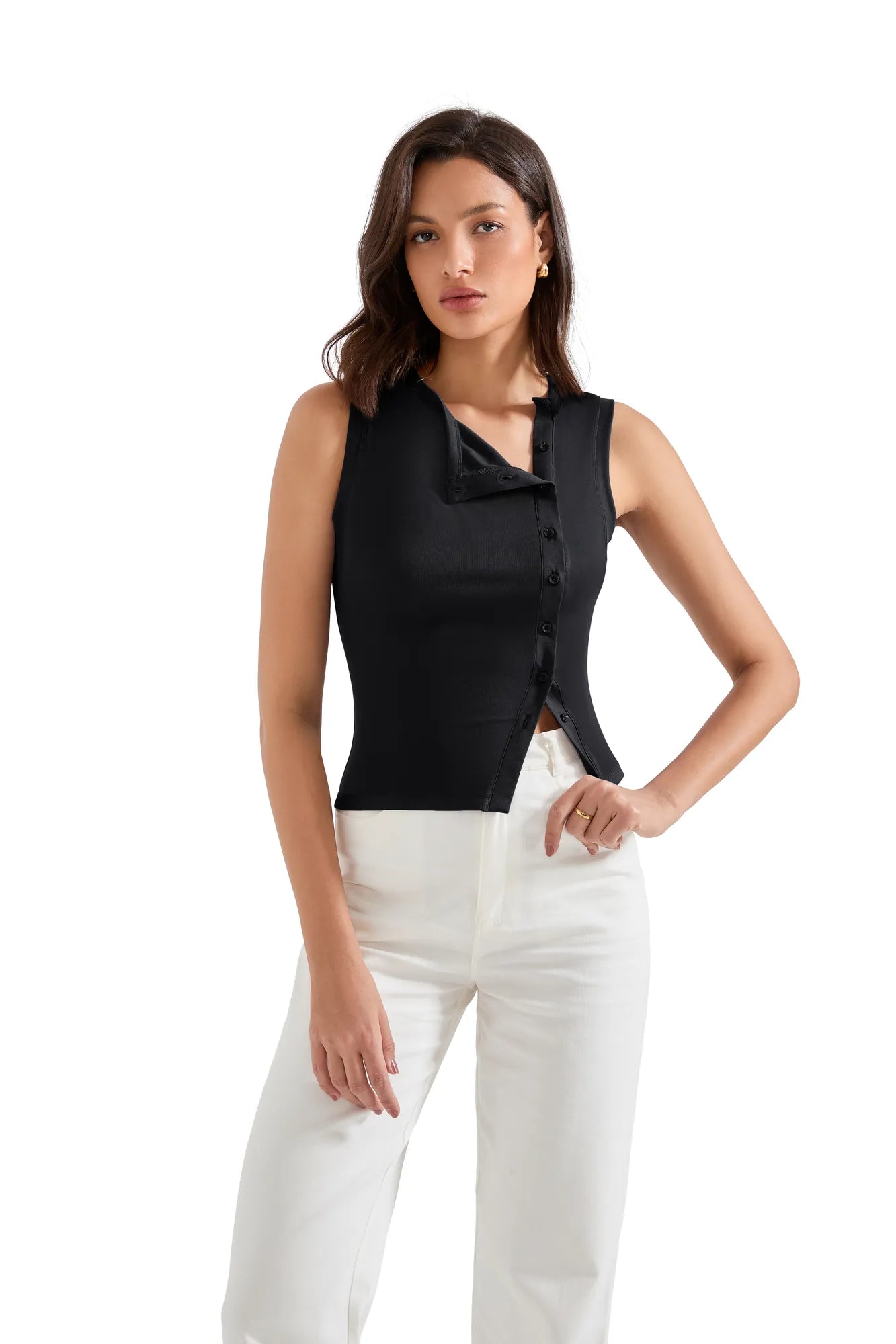 Sleeveless Off-Center Button Shirt
