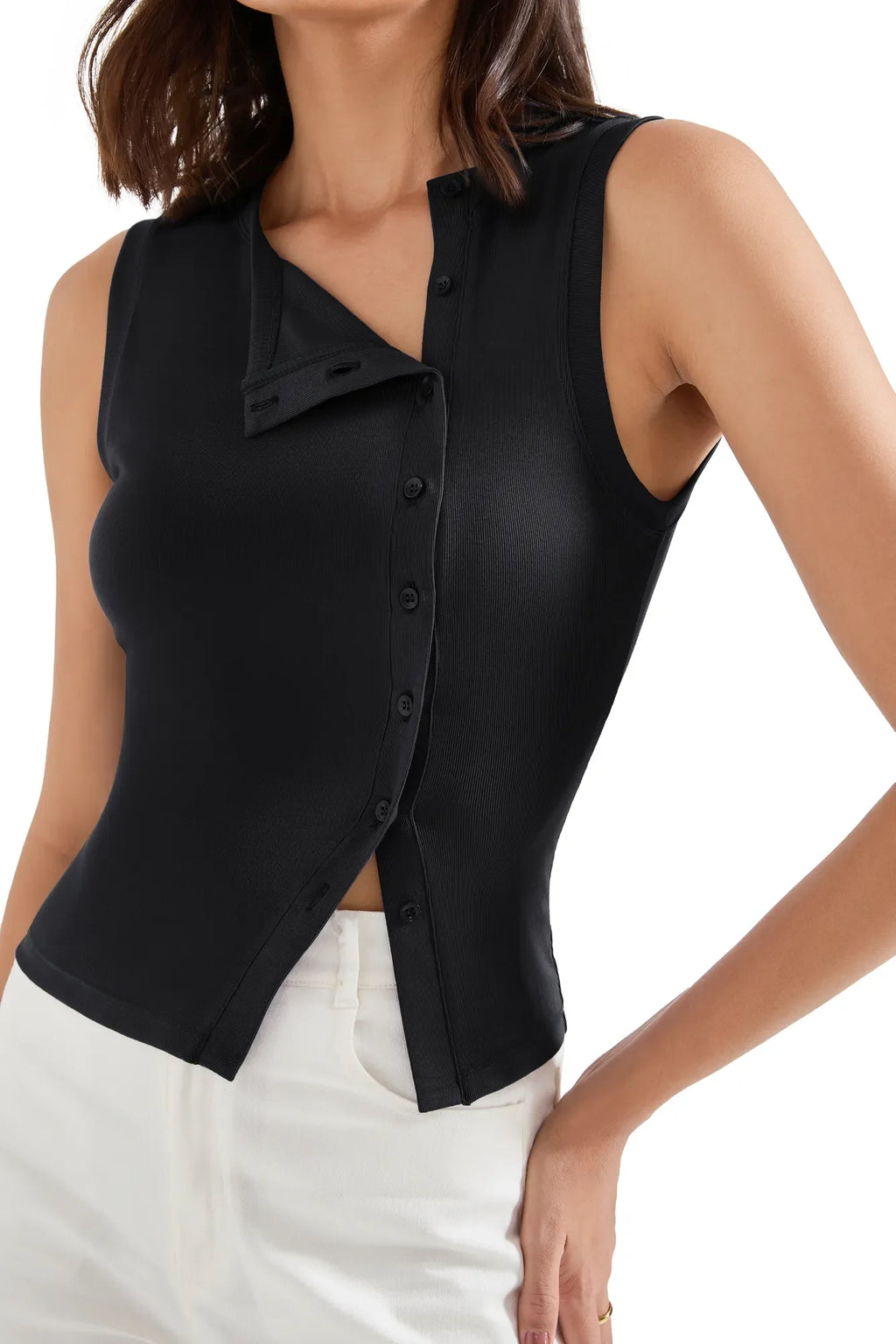 Sleeveless Off-Center Button Shirt