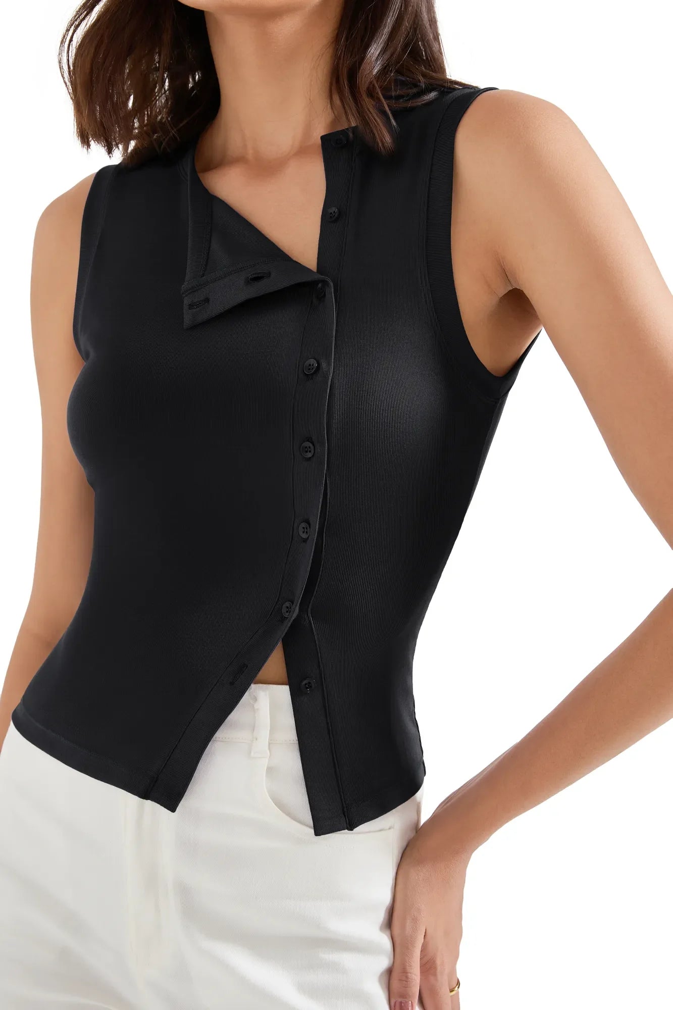 Sleeveless Off-Center Button Shirt