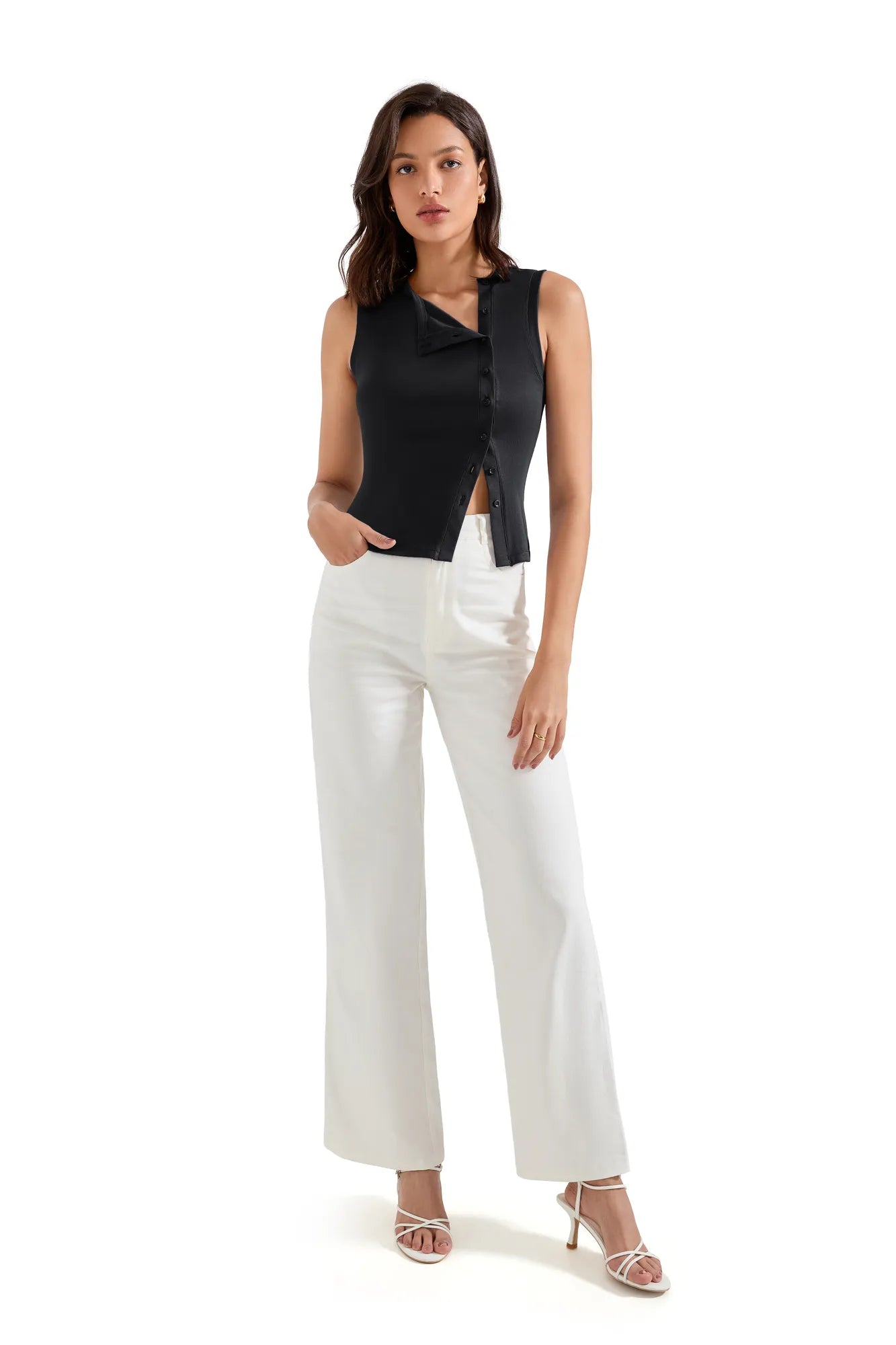 Sleeveless Off-Center Button Shirt