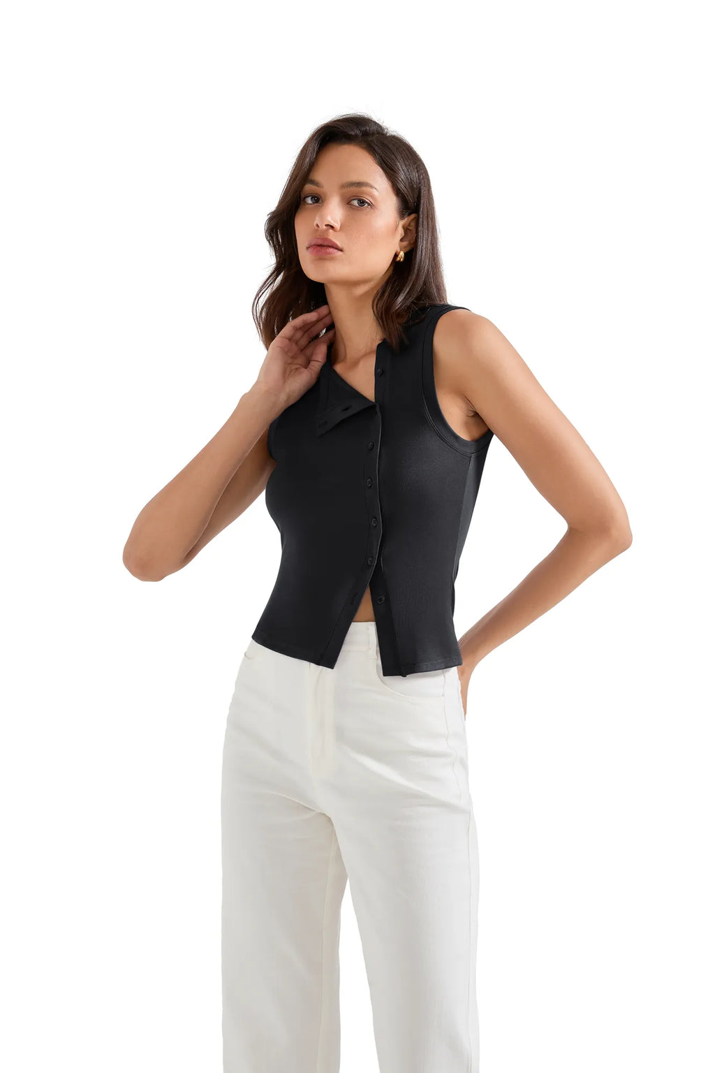 Sleeveless Off-Center Button Shirt