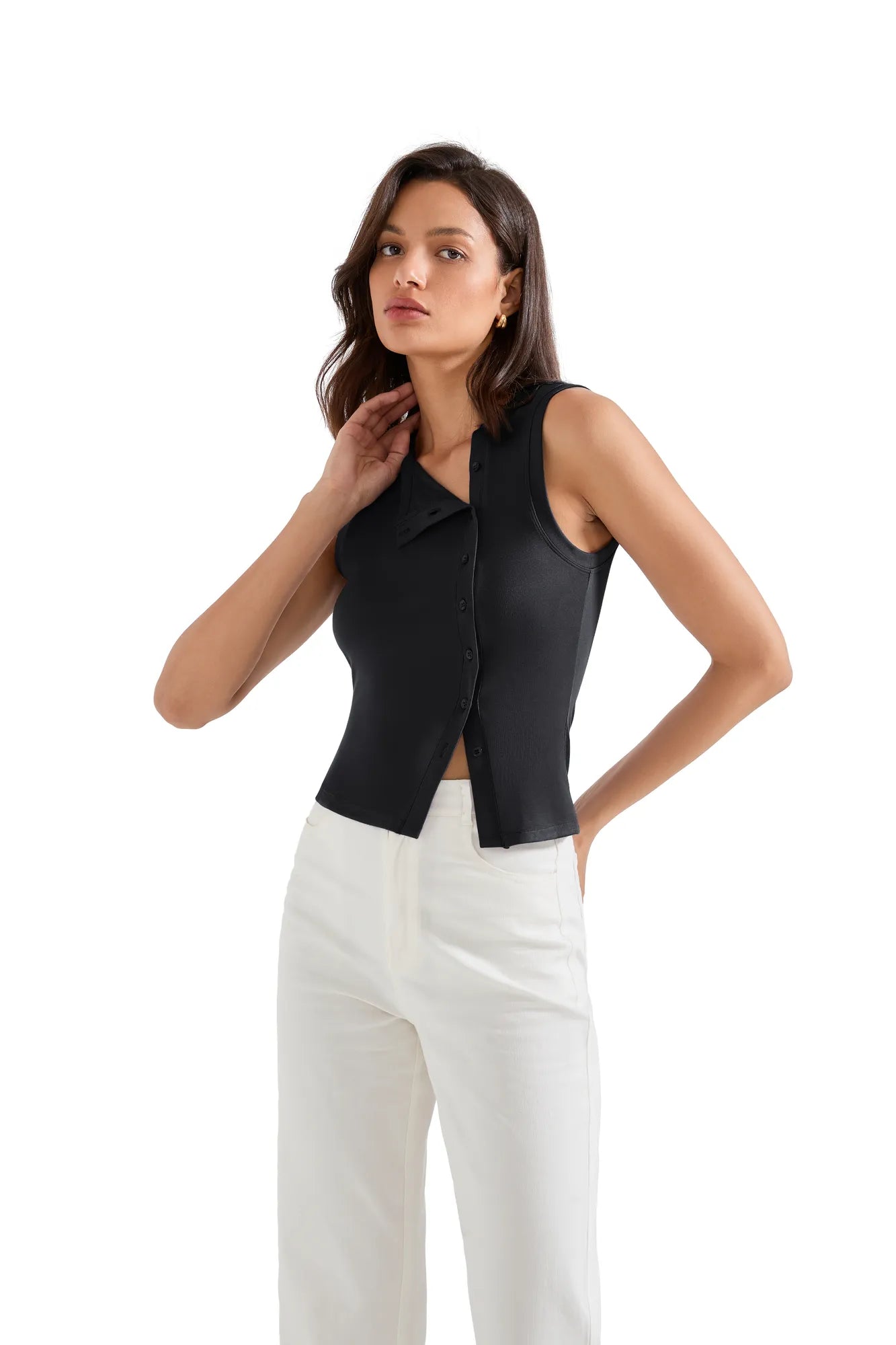 Sleeveless Off-Center Button Shirt