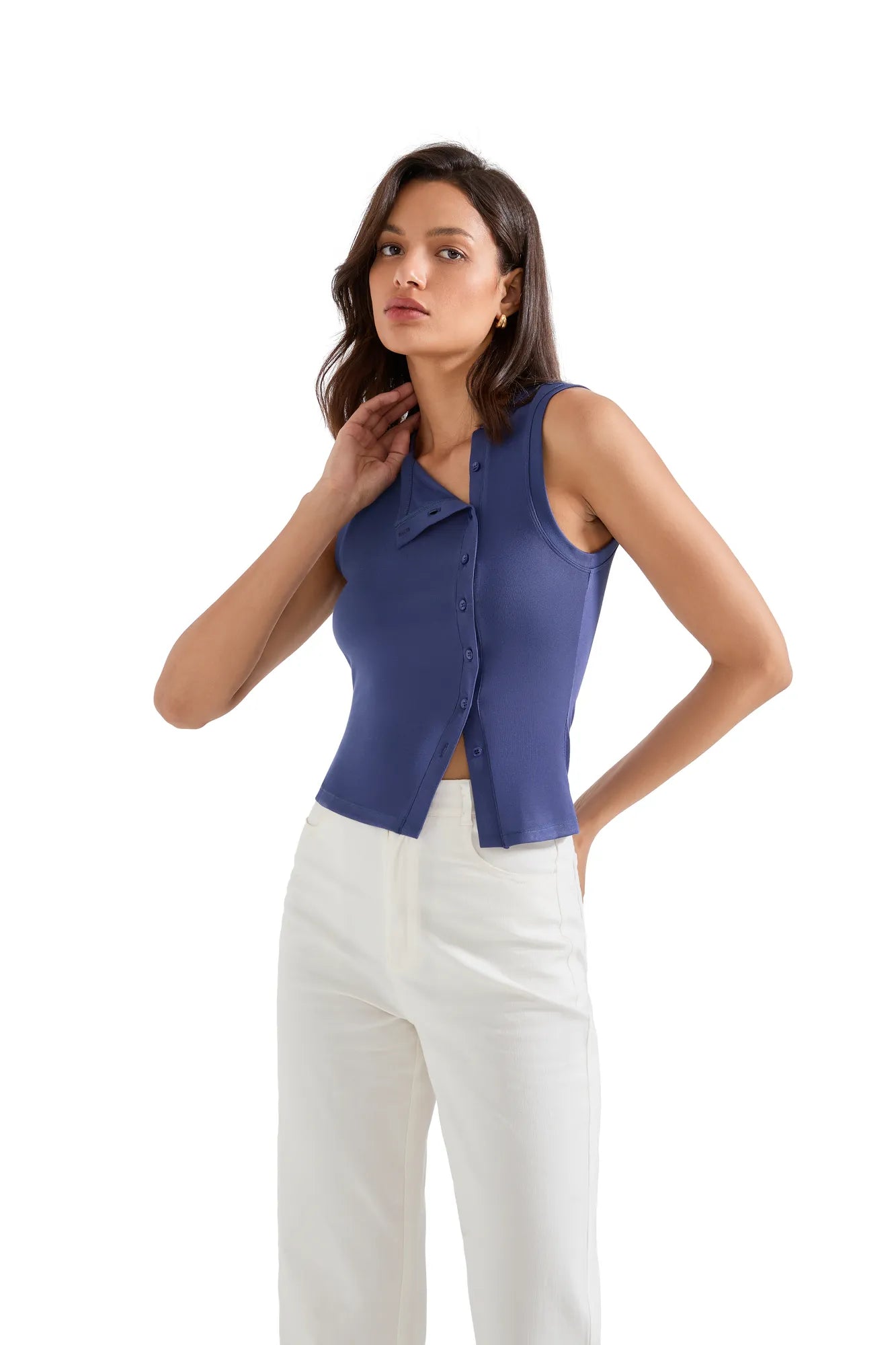Sleeveless Off-Center Button Shirt