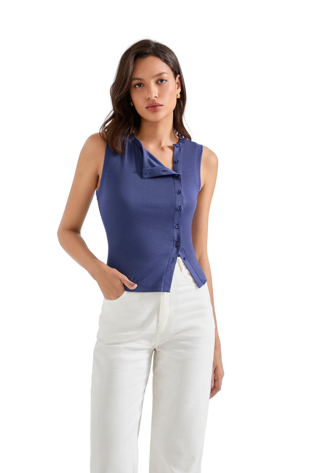 Sleeveless Off-Center Button Shirt