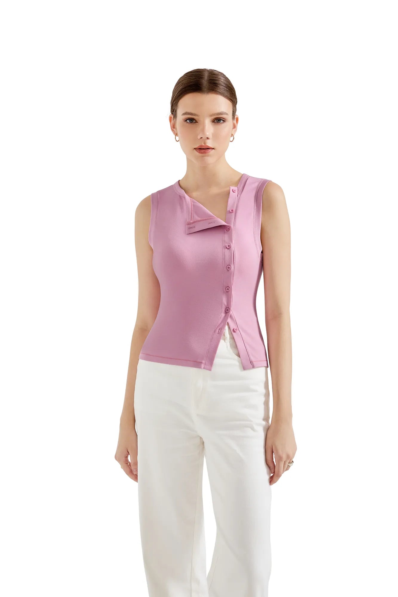 Sleeveless Off-Center Button Shirt