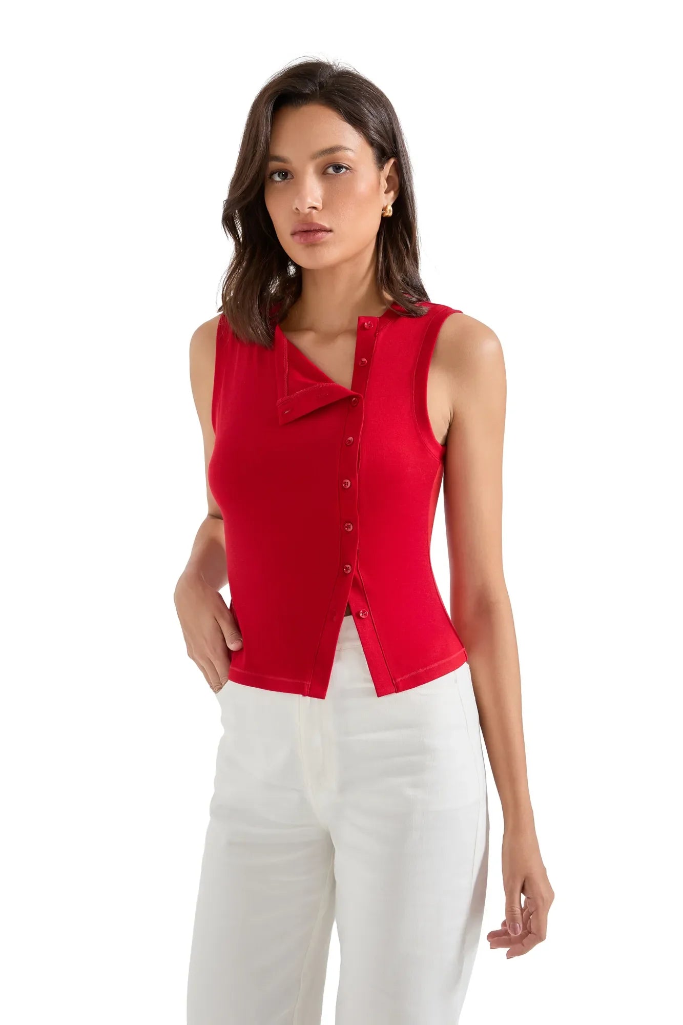 Sleeveless Off-Center Button Shirt