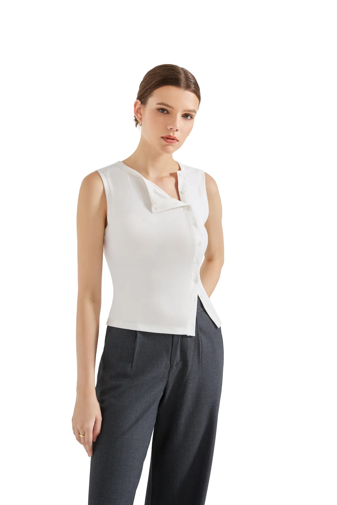 Sleeveless Off-Center Button Shirt