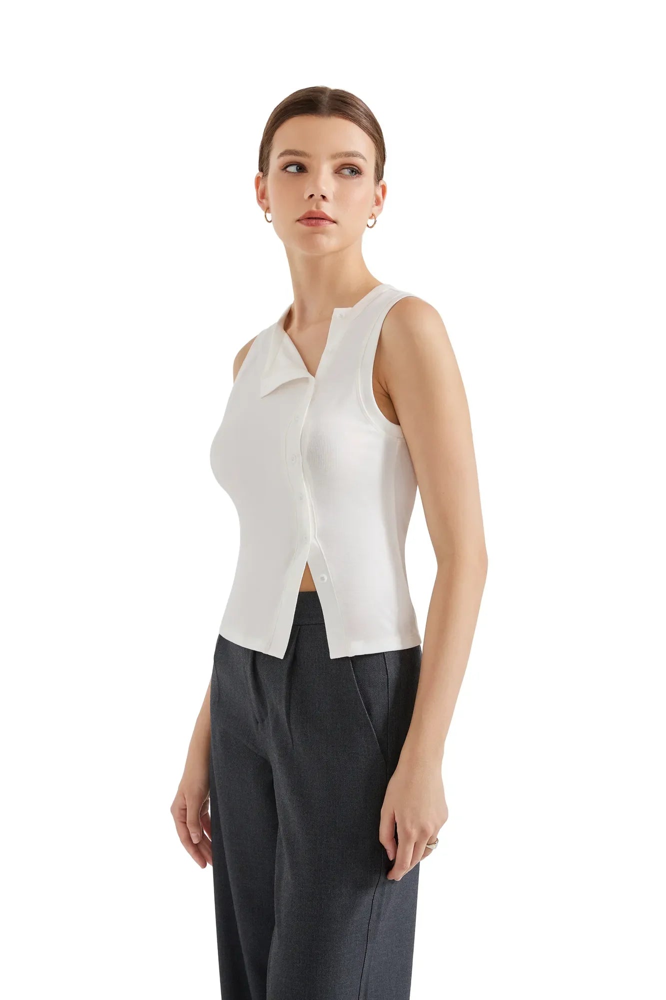 Sleeveless Off-Center Button Shirt