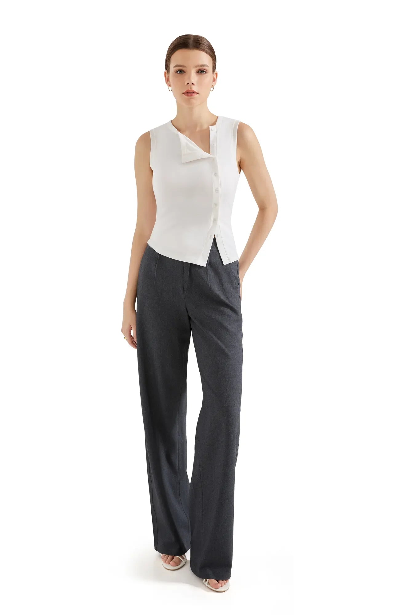 Sleeveless Off-Center Button Shirt