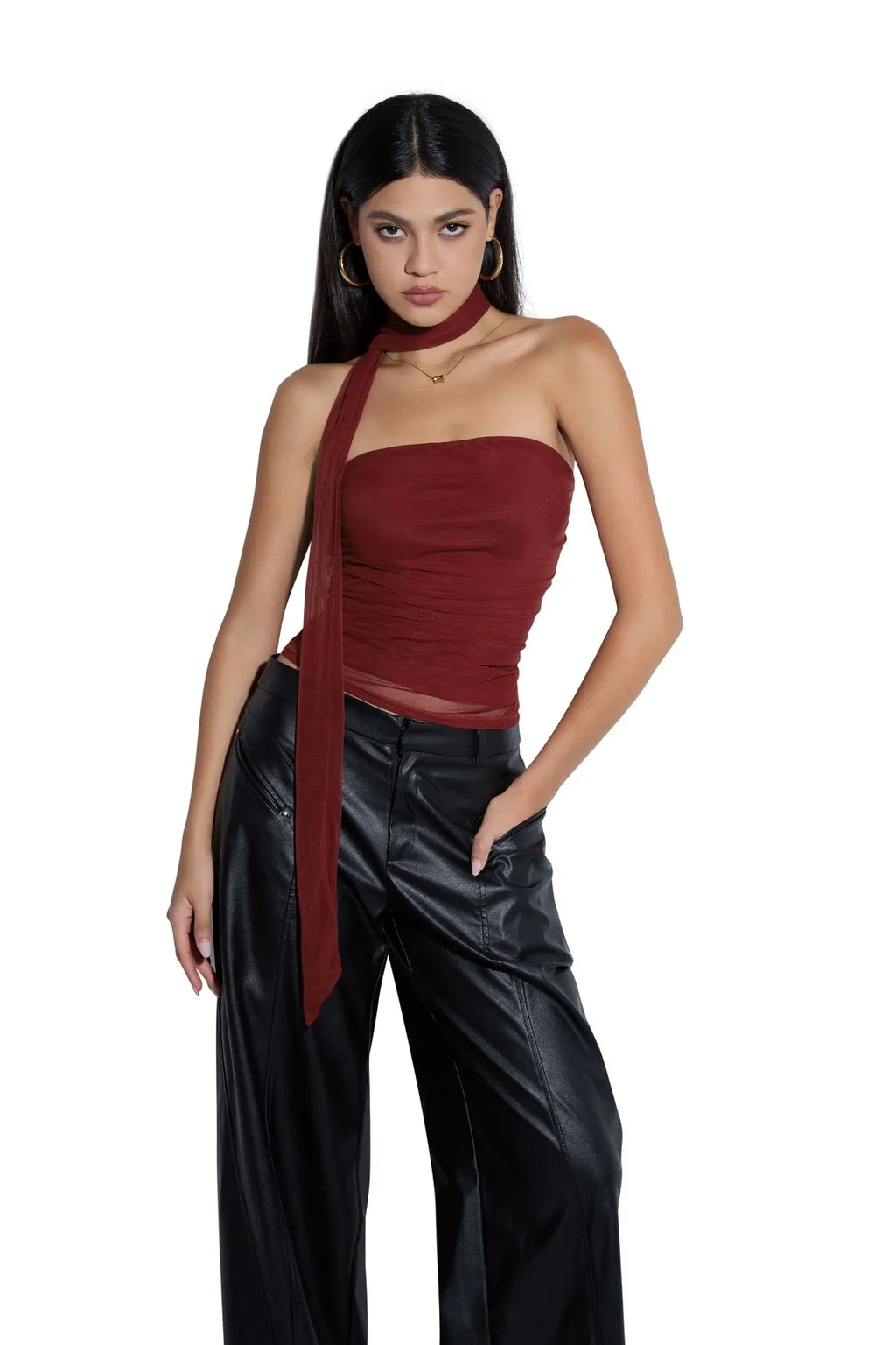 Mesh Ruched Tube Top & Scarf