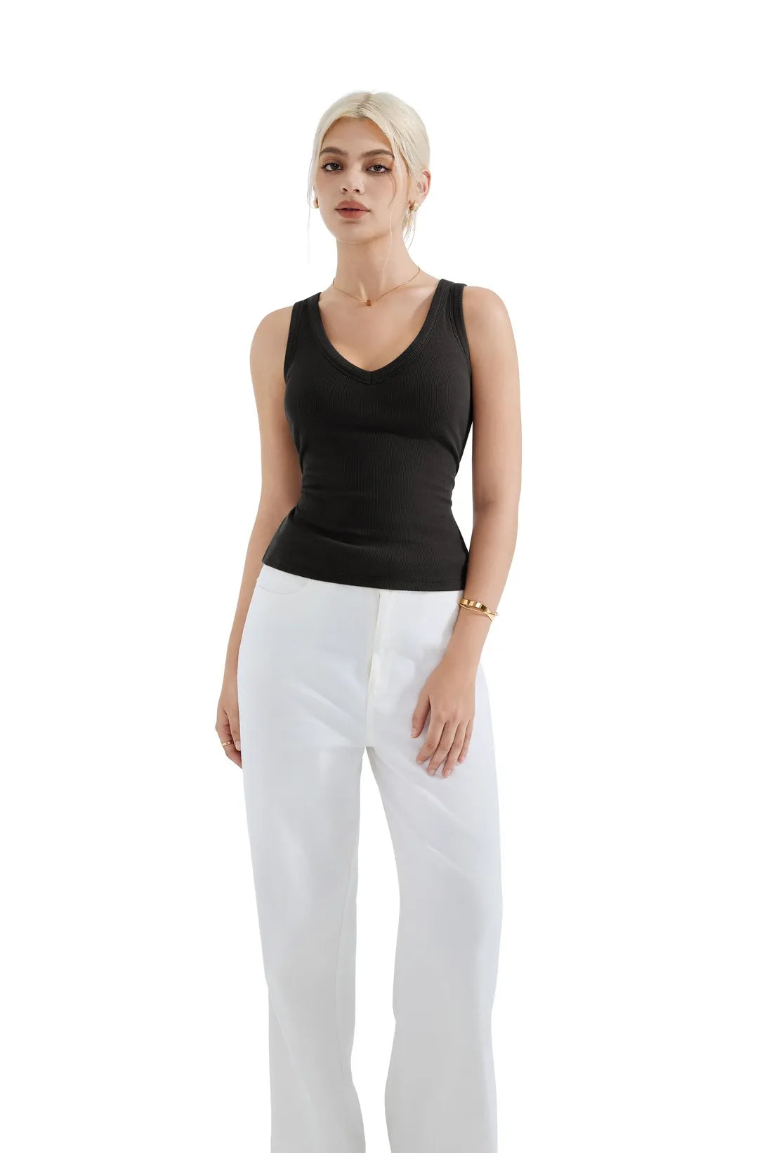 Cotton Ribbed V Neck Tank Top