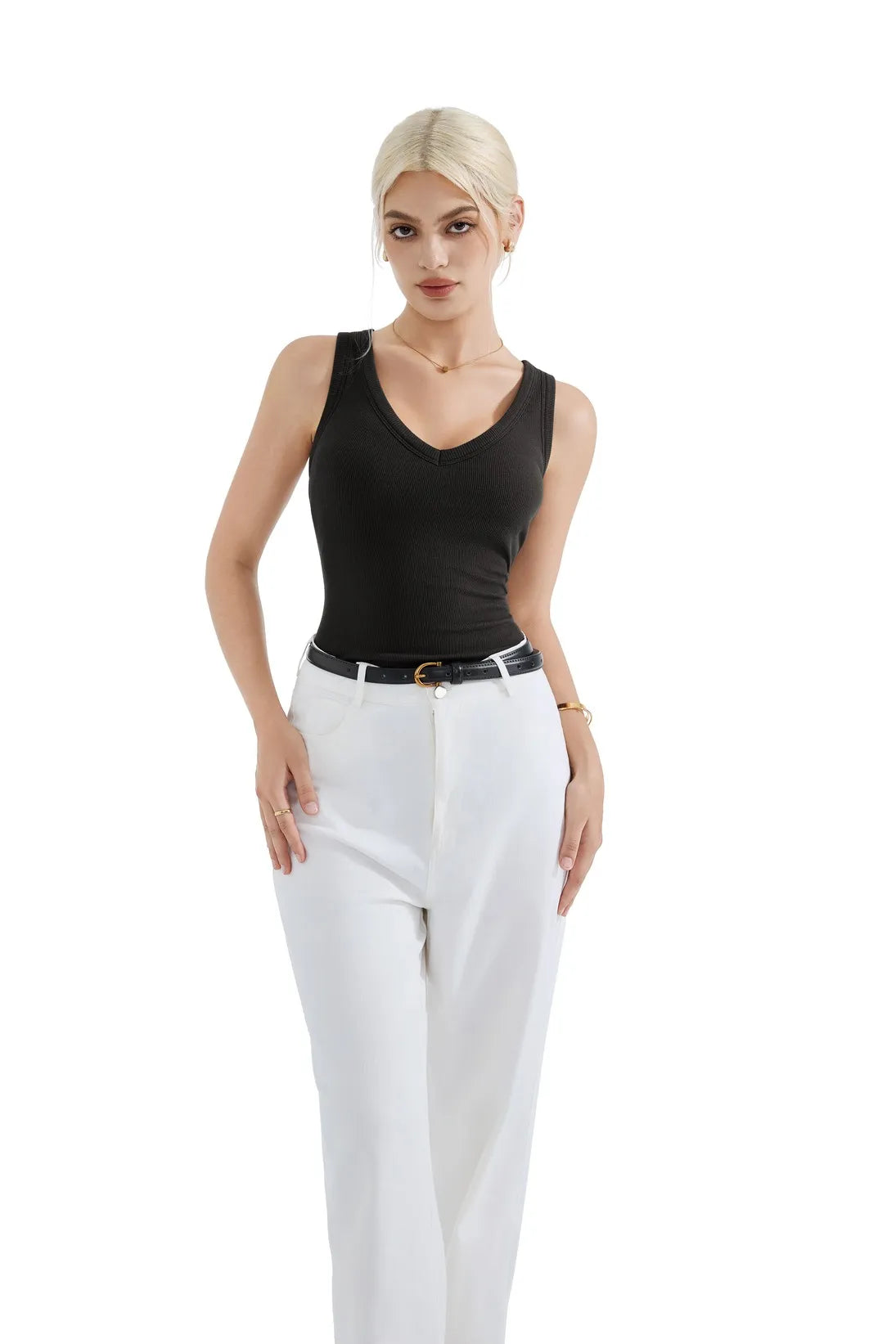 Cotton Ribbed V Neck Tank Top