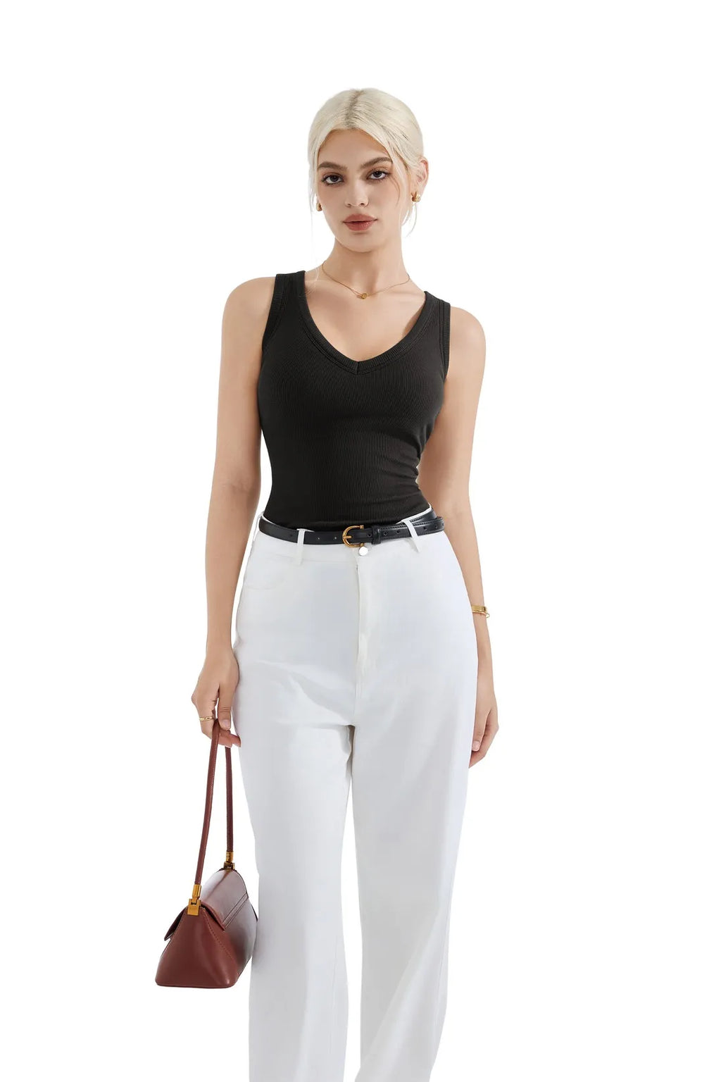 Cotton Ribbed V Neck Tank Top