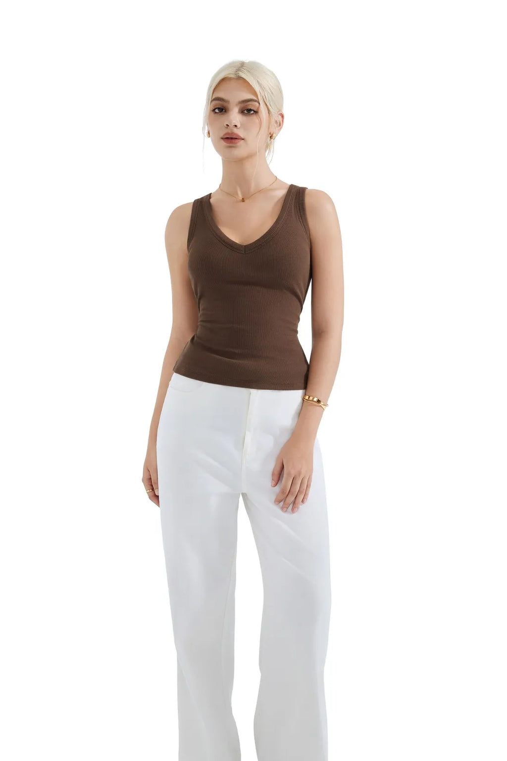Cotton Ribbed V Neck Tank Top