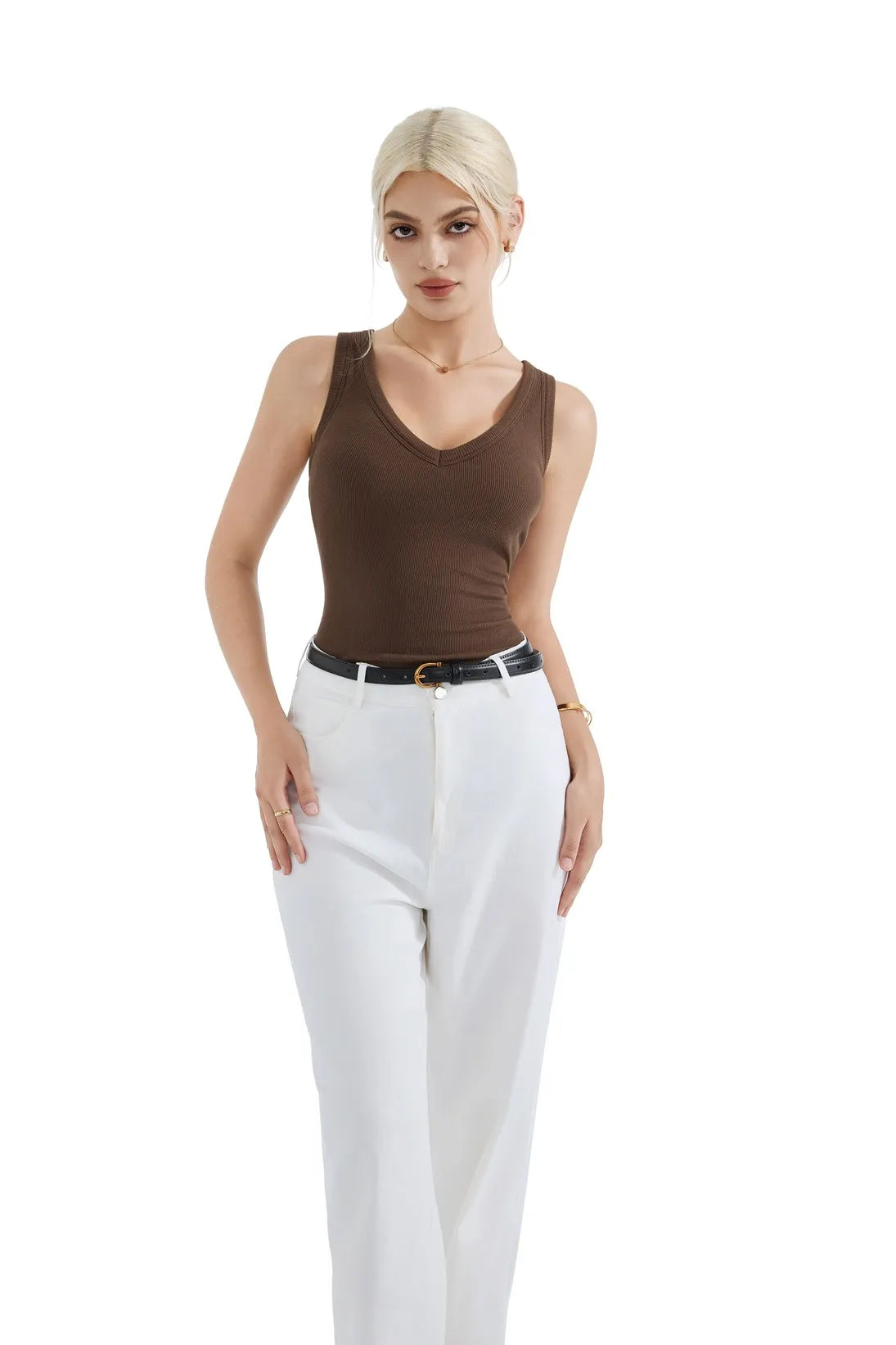 Cotton Ribbed V Neck Tank Top