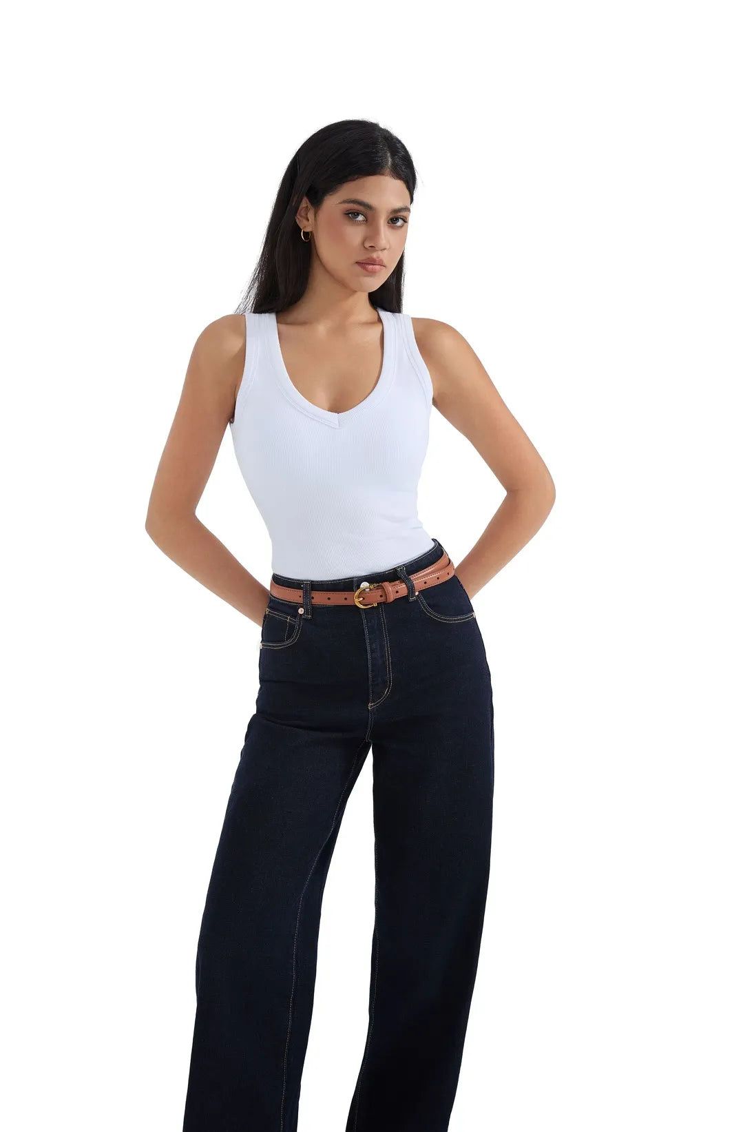 Cotton Ribbed V Neck Tank Top