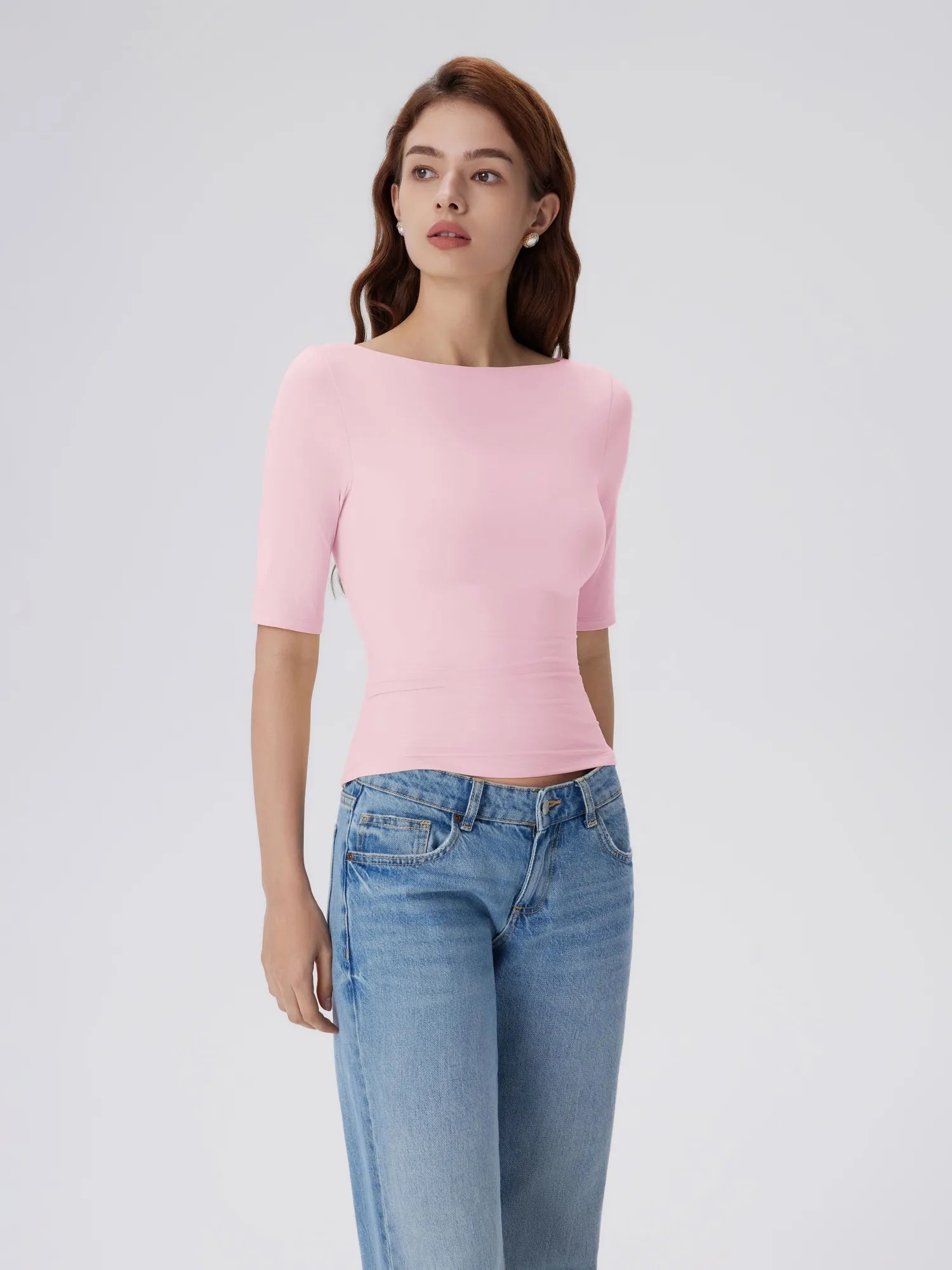 Tight Fitted Half Sleeve Boat Neck Shirt