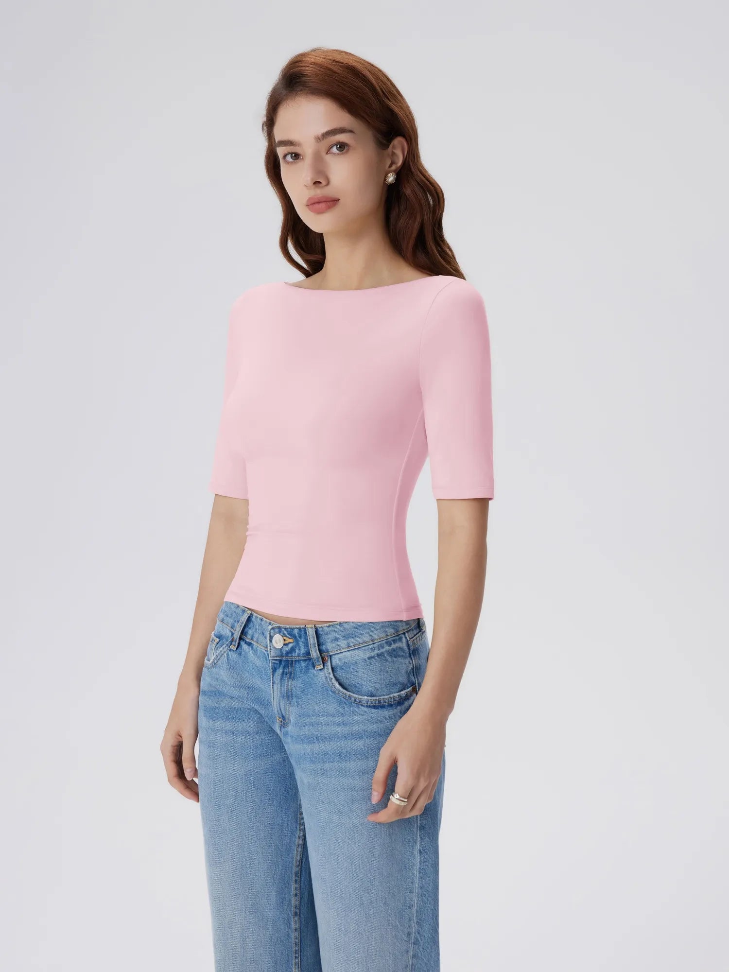 Tight Fitted Half Sleeve Boat Neck Shirt