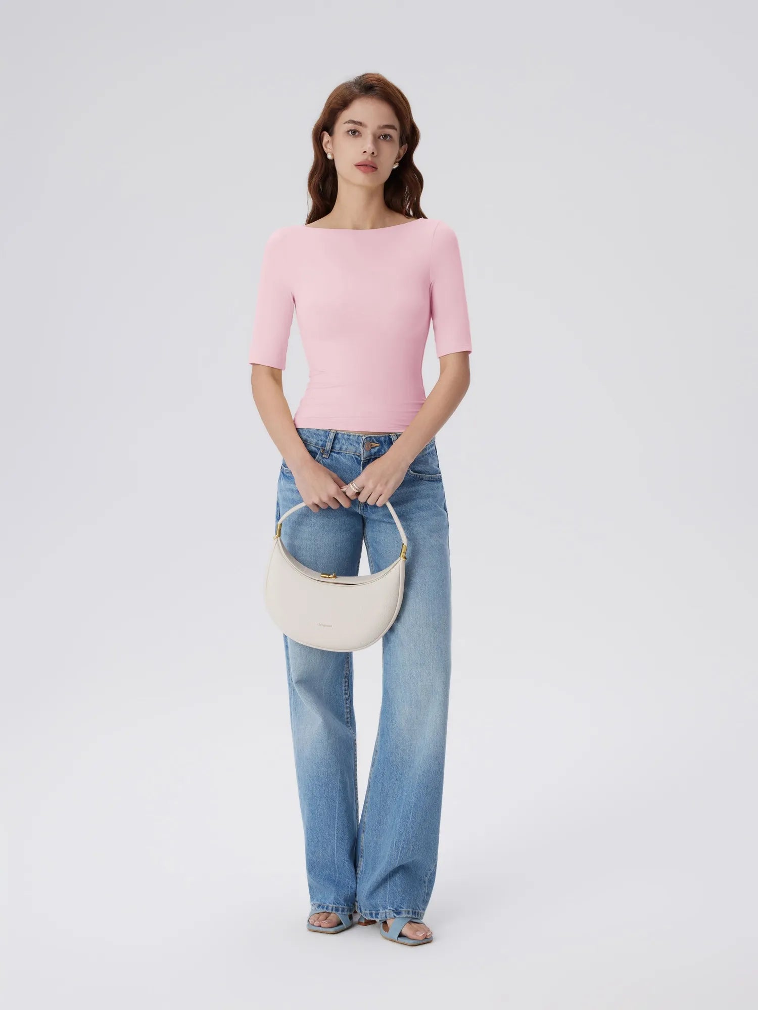 Tight Fitted Half Sleeve Boat Neck Shirt