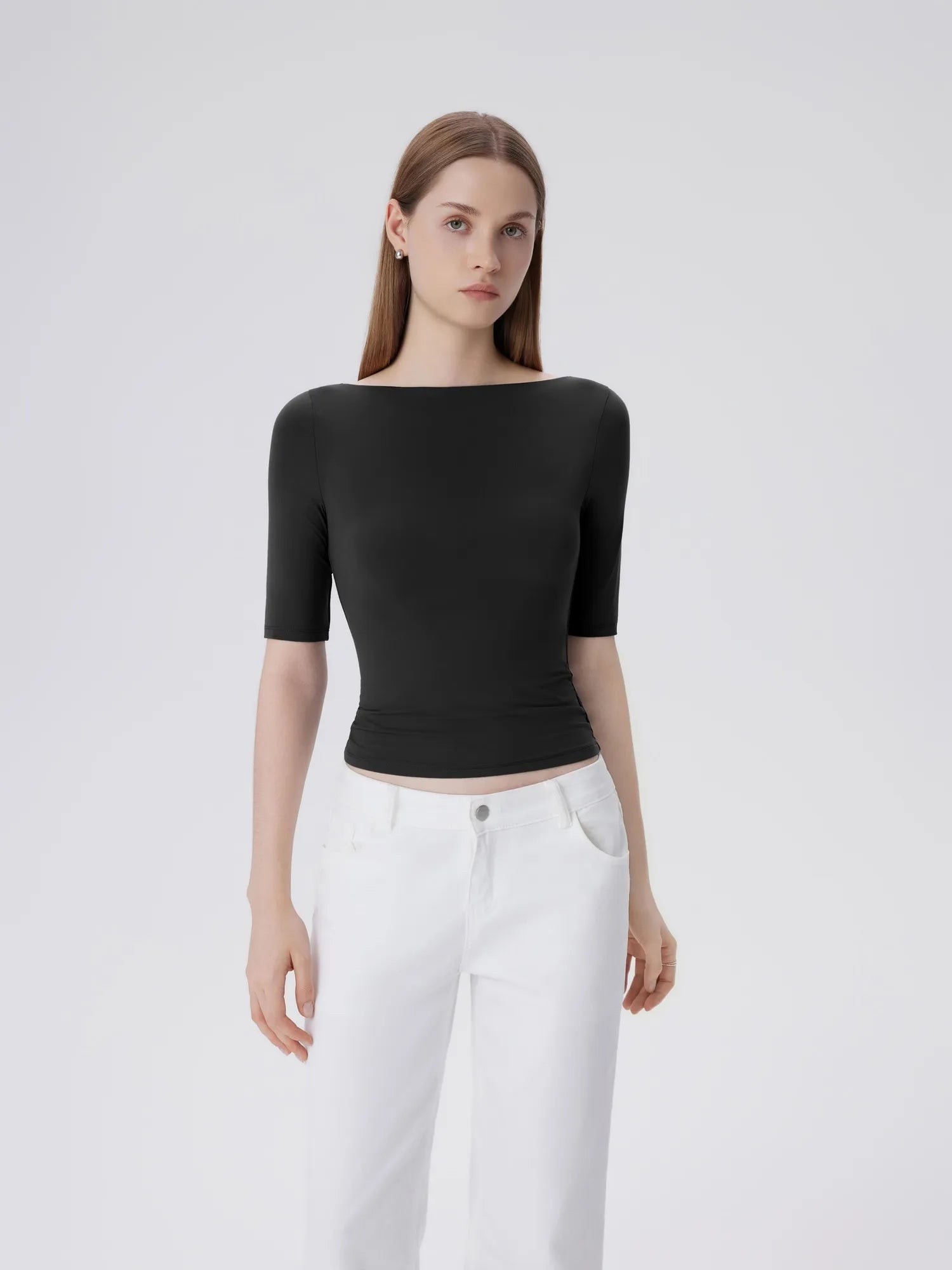 Tight Fitted Half Sleeve Boat Neck Shirt