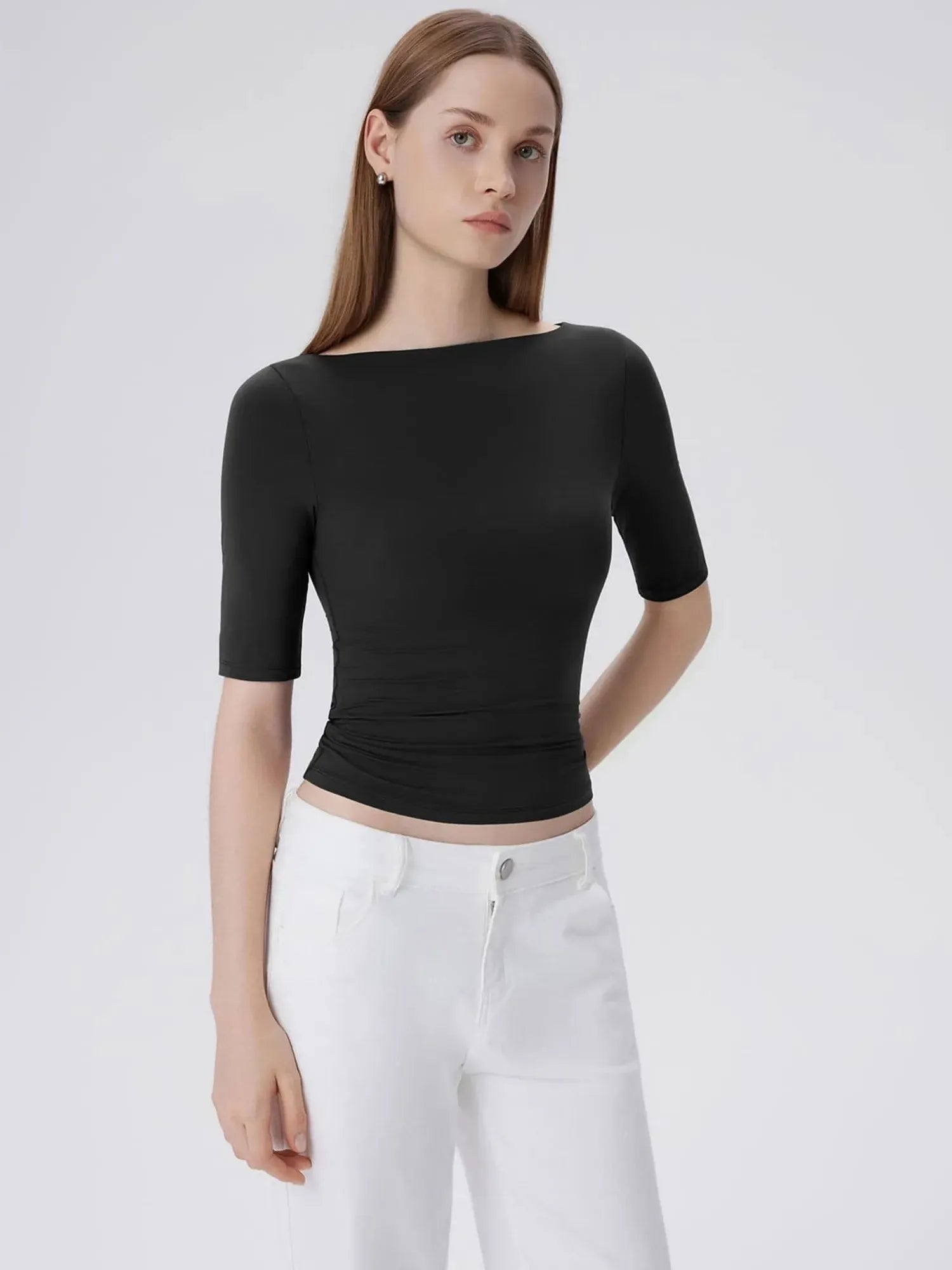 Tight Fitted Half Sleeve Boat Neck Shirt