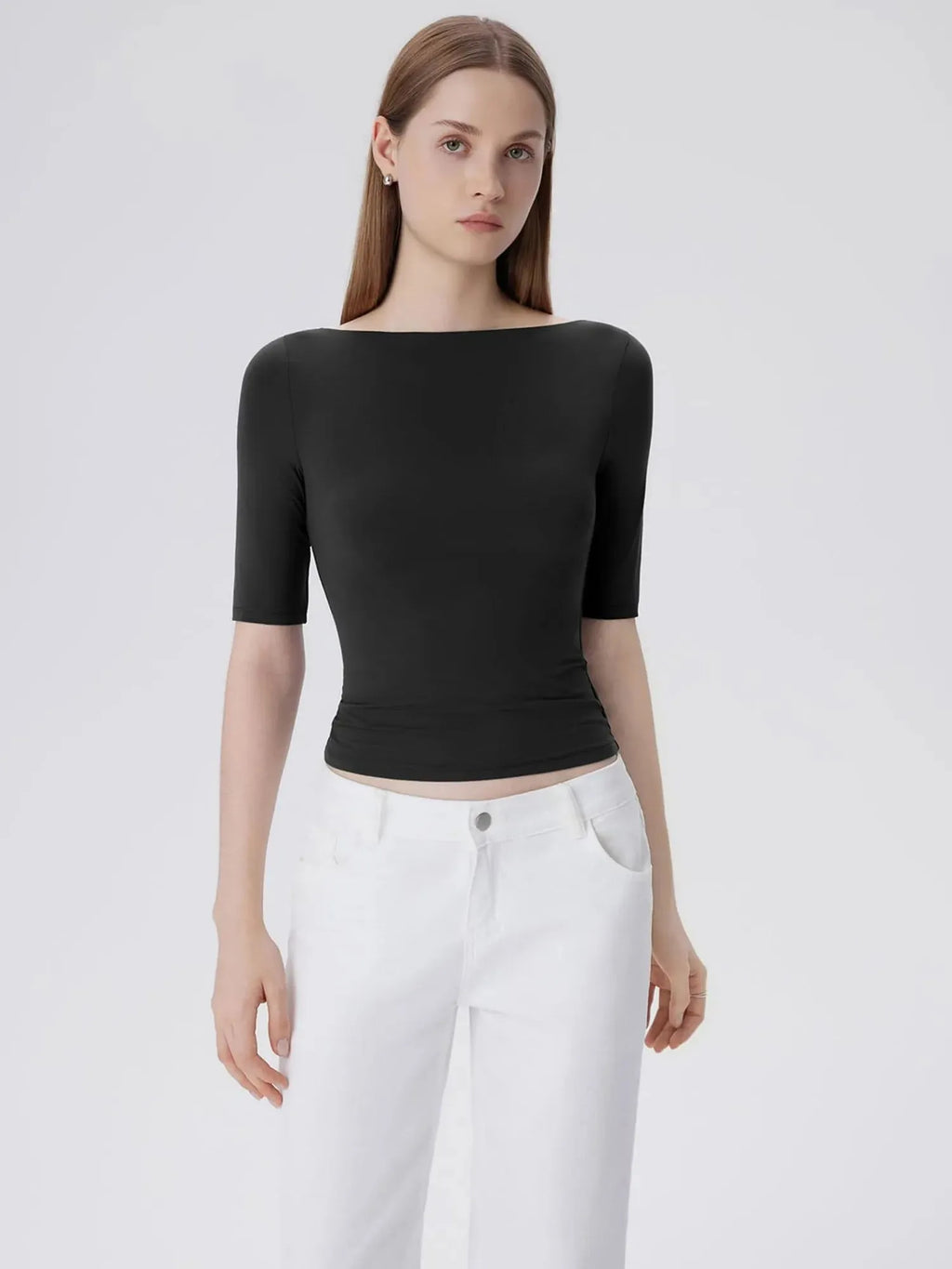 Tight Fitted Half Sleeve Boat Neck Shirt