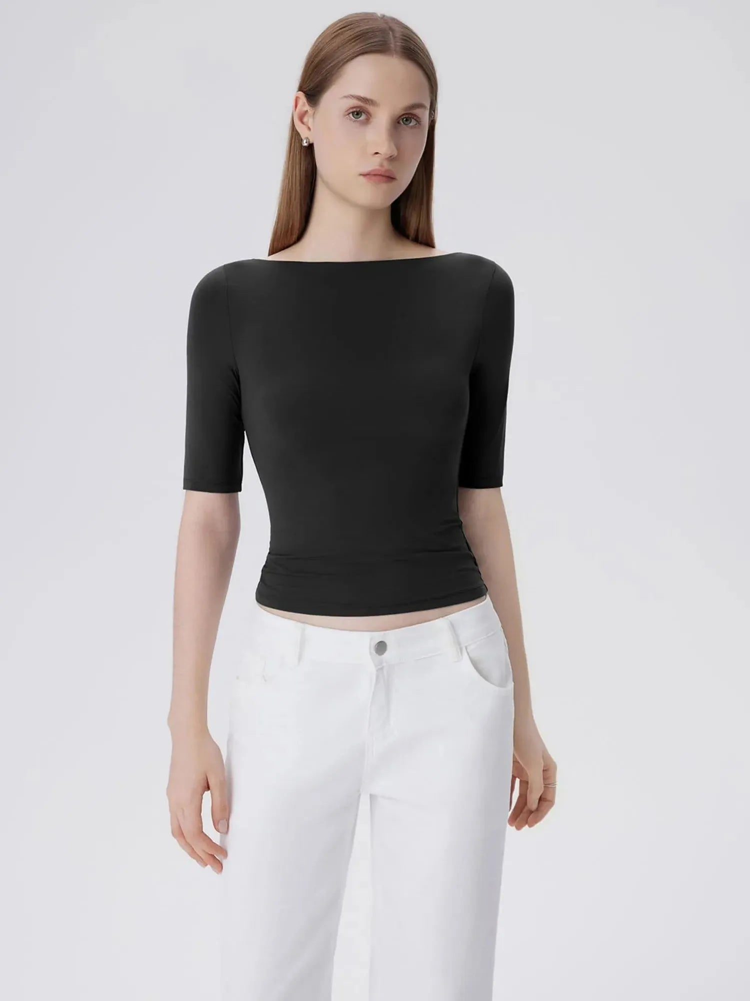 Tight Fitted Half Sleeve Boat Neck Shirt