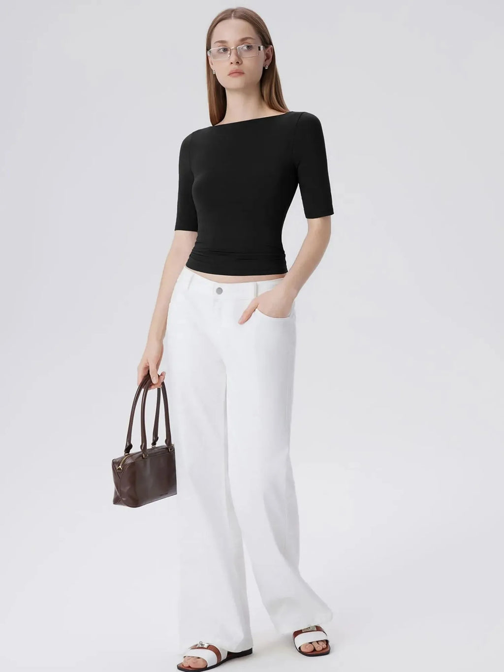 Tight Fitted Half Sleeve Boat Neck Shirt