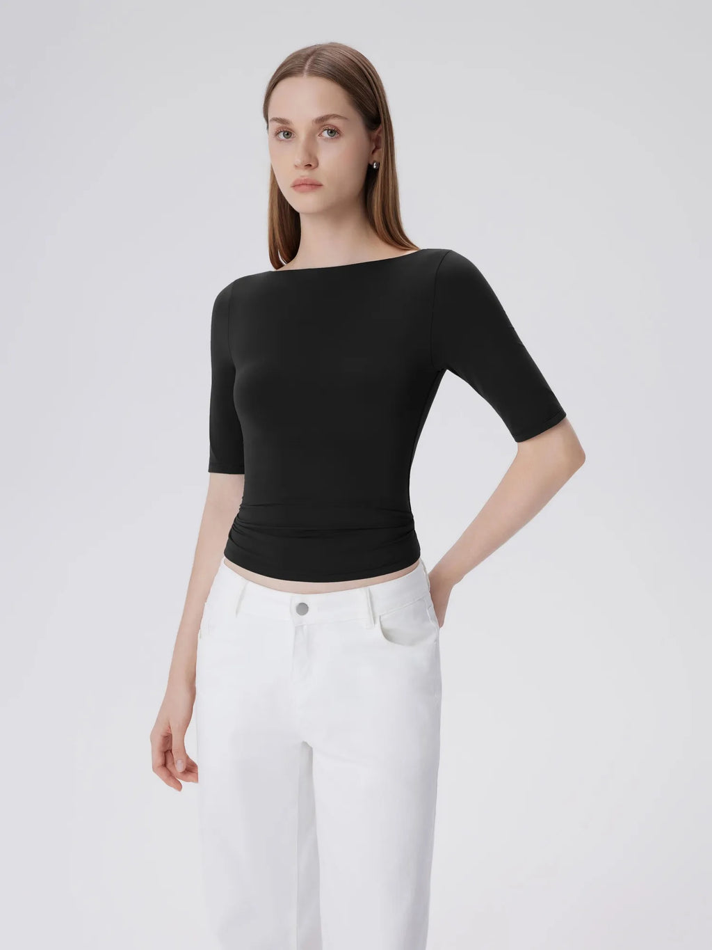 Tight Fitted Half Sleeve Boat Neck Shirt
