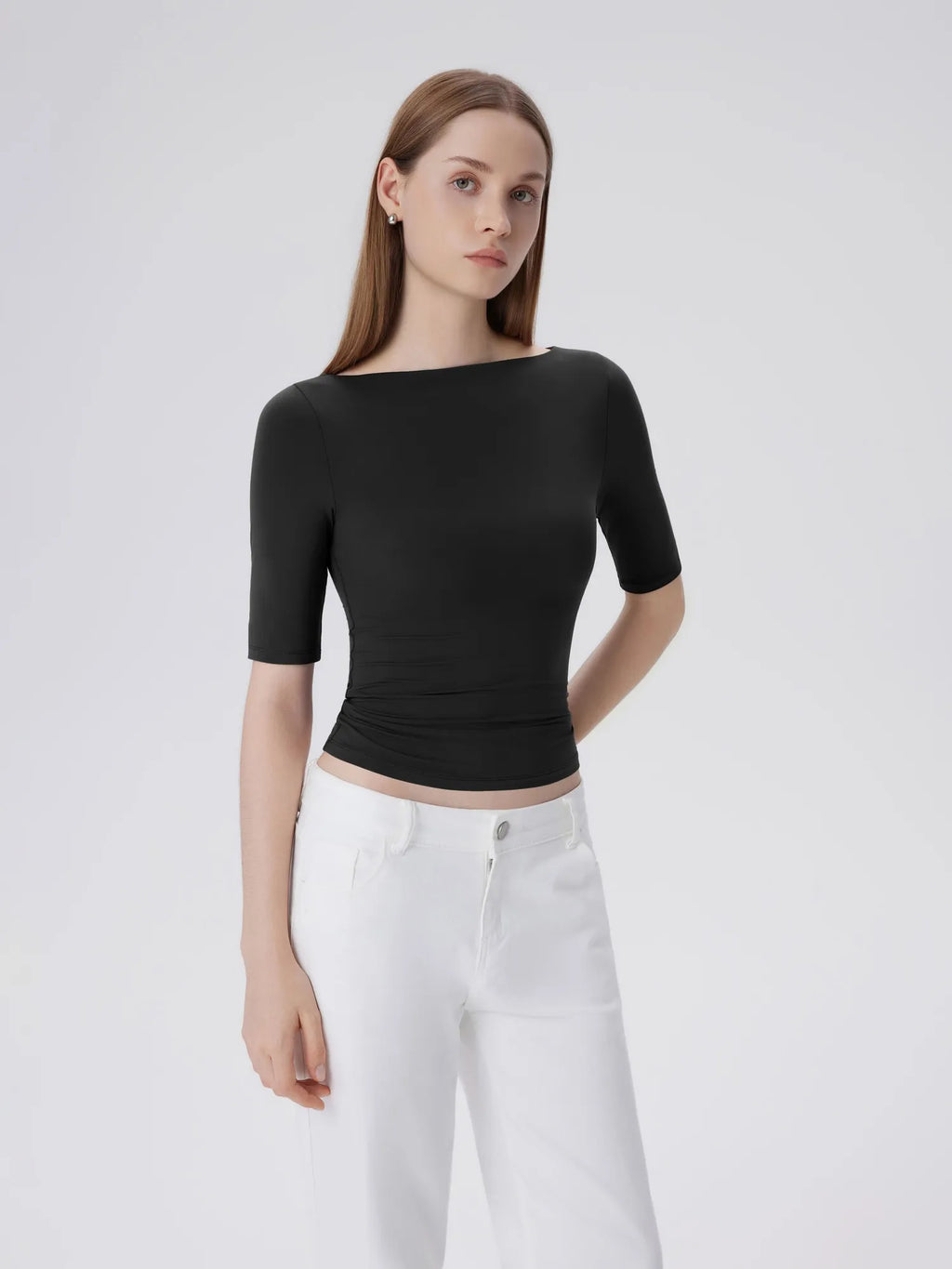 Tight Fitted Half Sleeve Boat Neck Shirt
