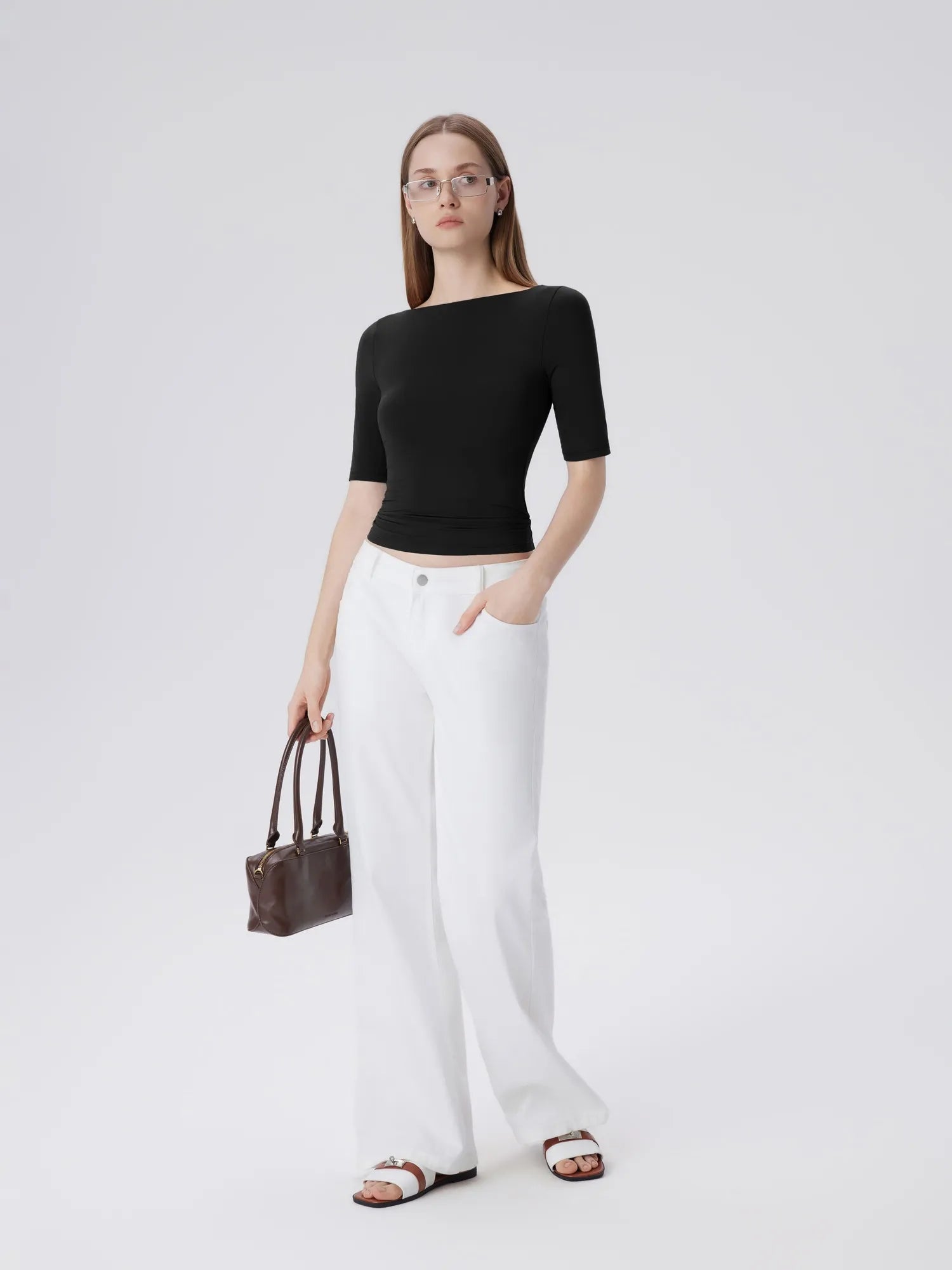 Tight Fitted Half Sleeve Boat Neck Shirt