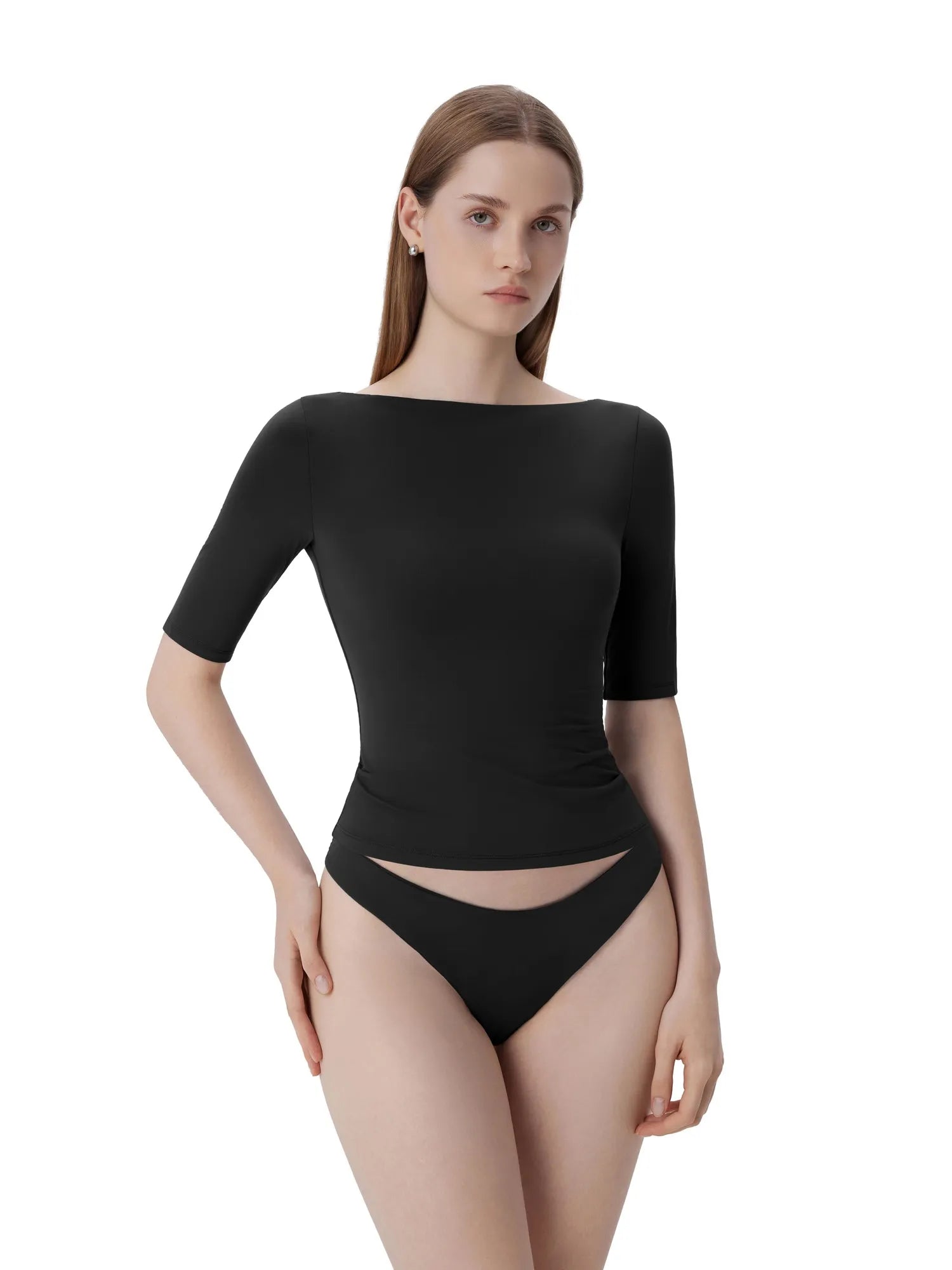 Tight Fitted Half Sleeve Boat Neck Shirt