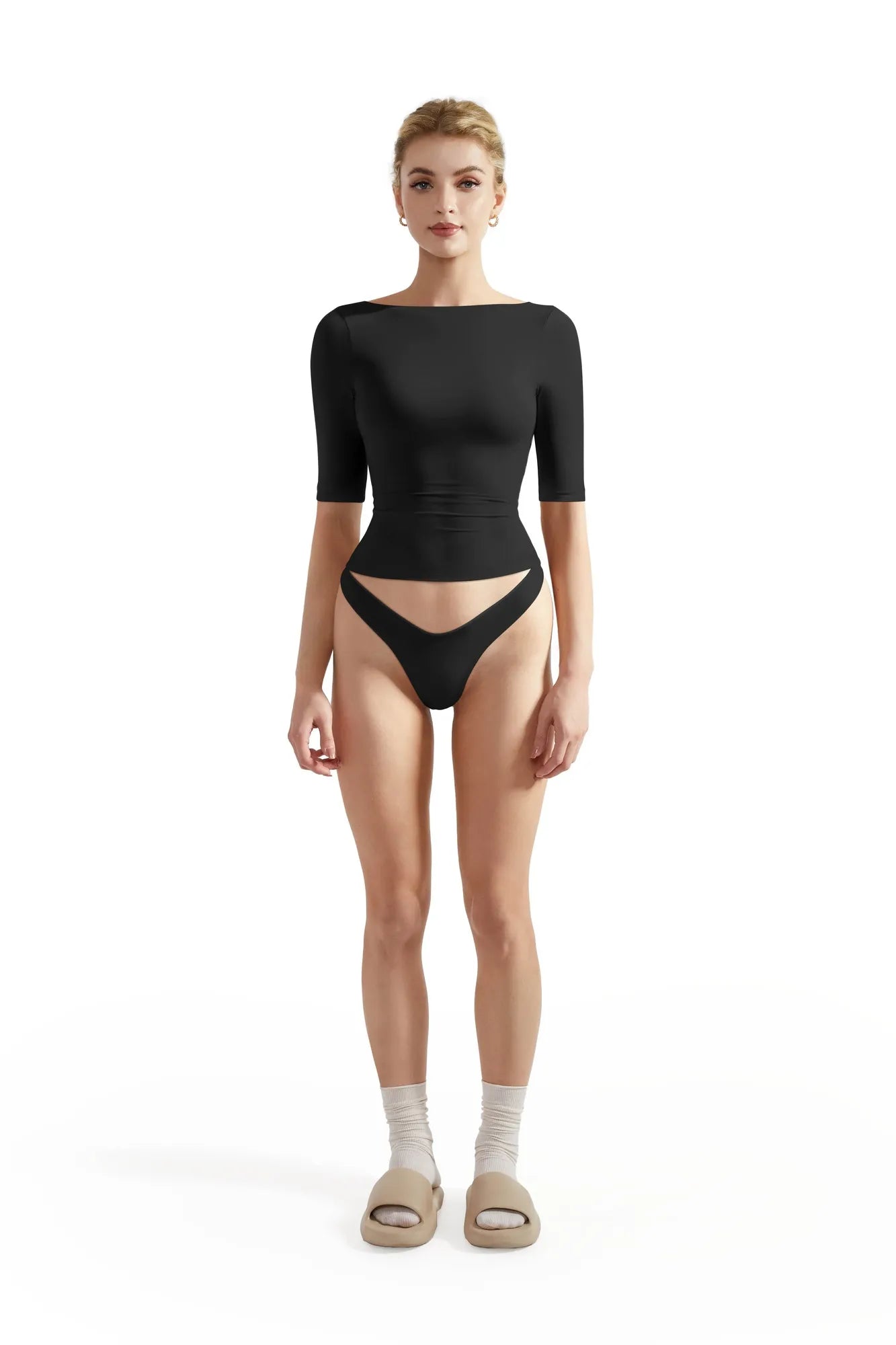 Tight Fitted Half Sleeve Boat Neck Shirt