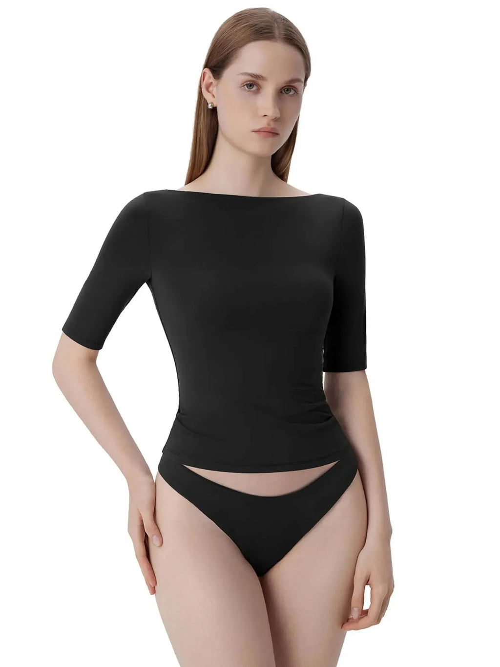 Tight Fitted Half Sleeve Boat Neck Shirt