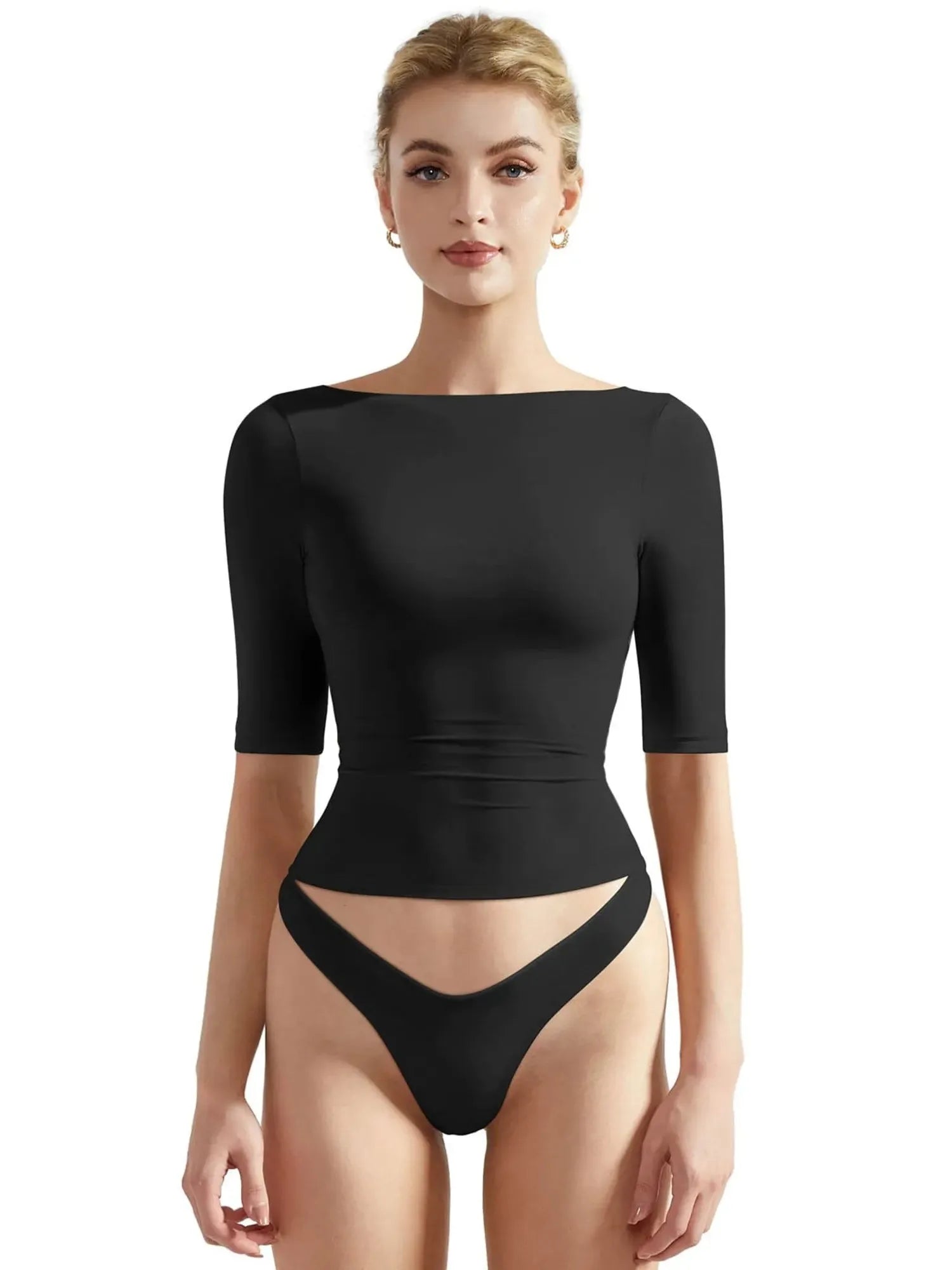 Tight Fitted Half Sleeve Boat Neck Shirt