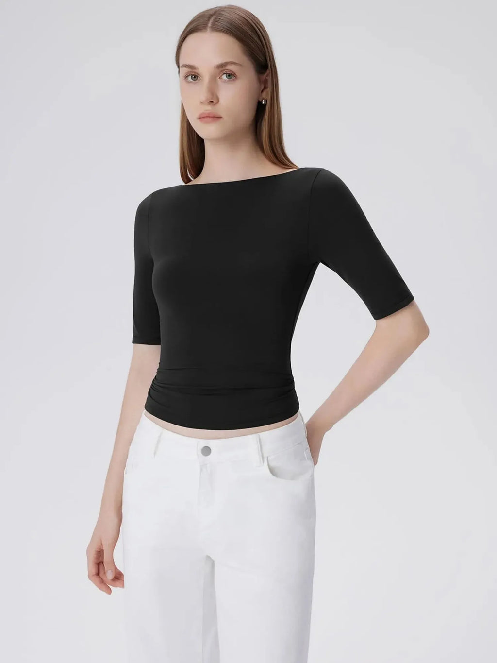 Tight Fitted Half Sleeve Boat Neck Shirt