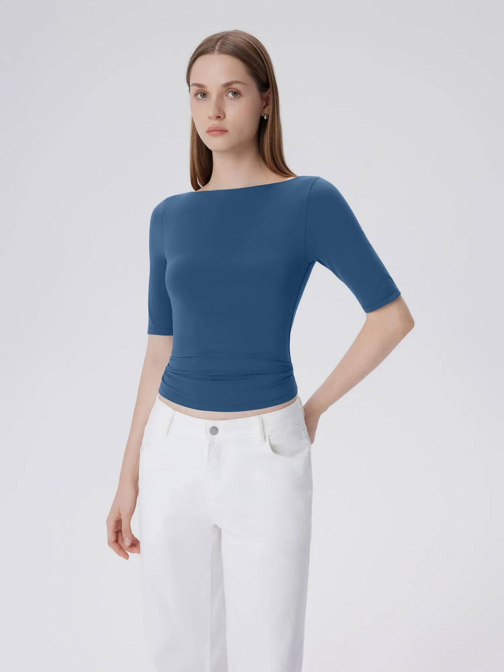 Tight Fitted Half Sleeve Boat Neck Shirt