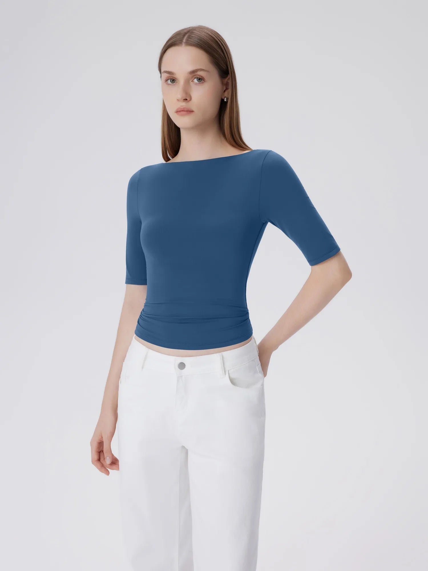 Tight Fitted Half Sleeve Boat Neck Shirt
